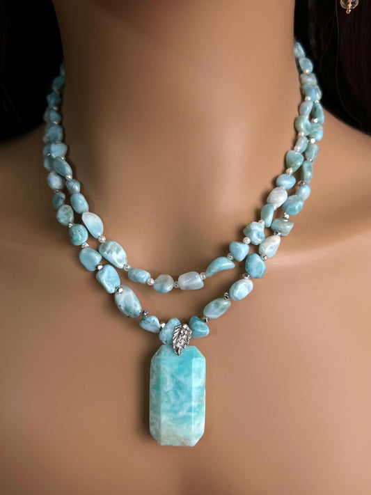 Natural Larimar Double Layered Gemstone, Freshwater Pearl and silver spacer Natural Larimar pendant Necklace