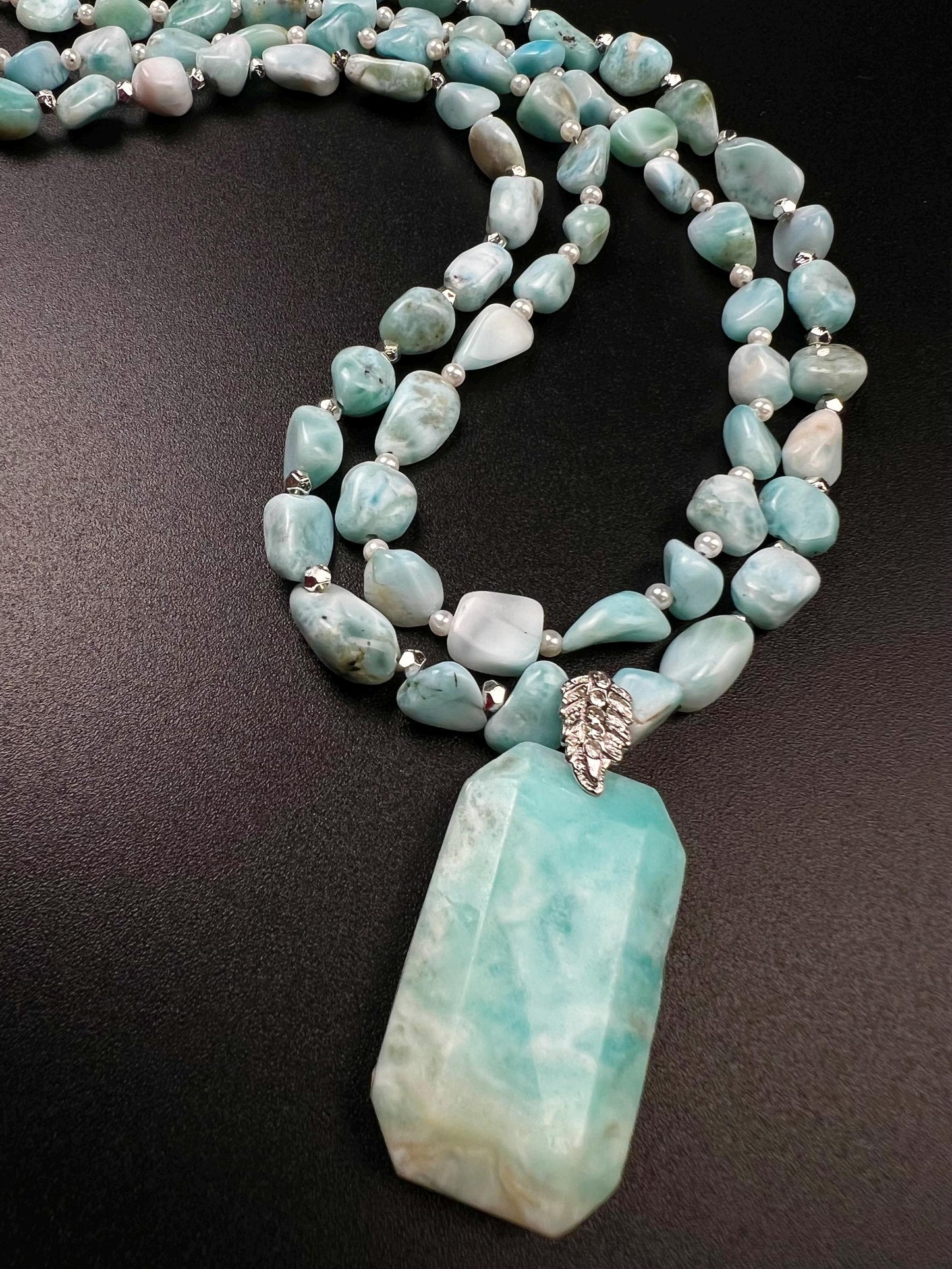 Natural Larimar Double Layered Gemstone, Freshwater Pearl and silver spacer Natural Larimar pendant Necklace