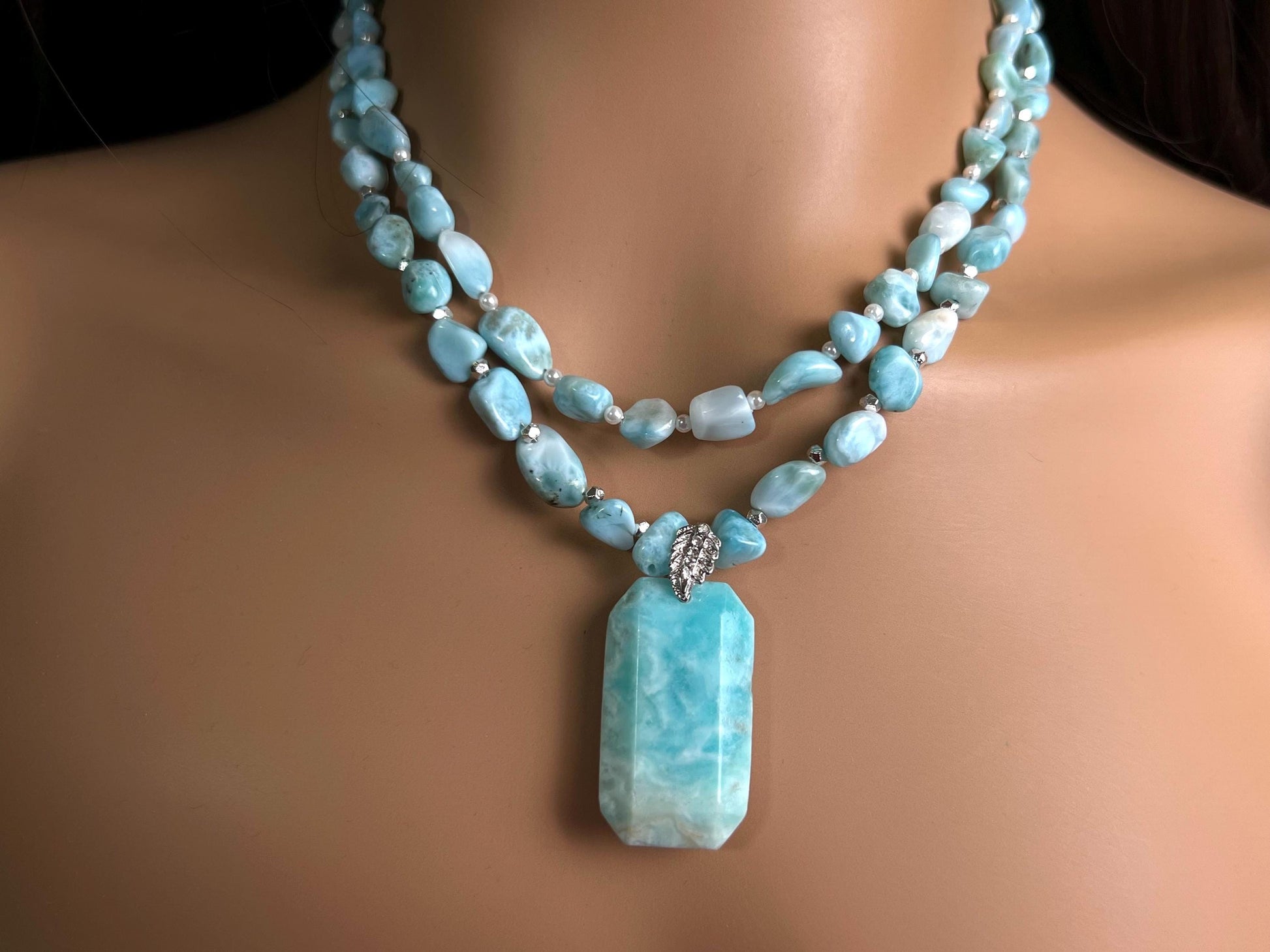 Natural Larimar Double Layered Gemstone, Freshwater Pearl and silver spacer Natural Larimar pendant Necklace