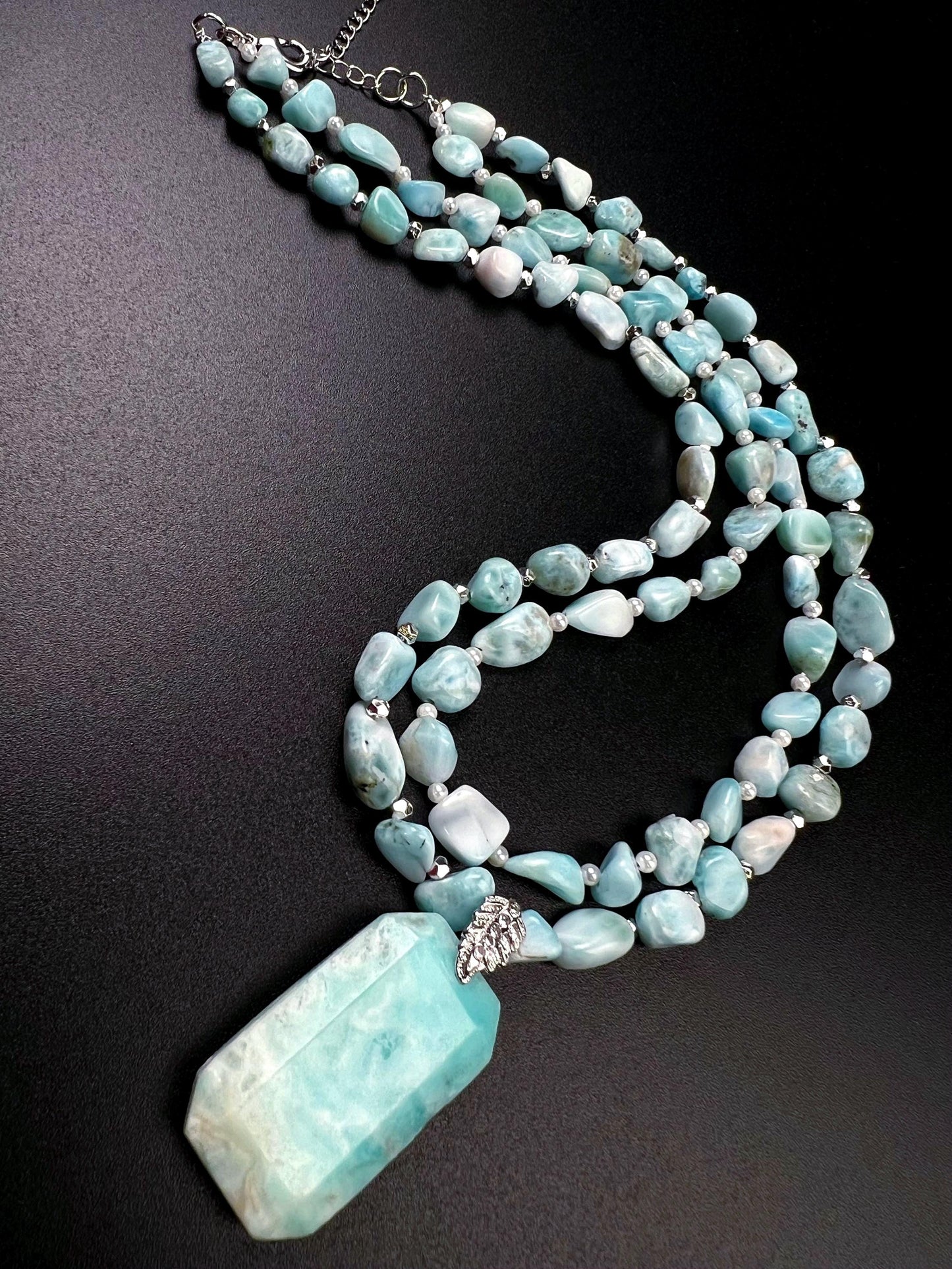 Natural Larimar Double Layered Gemstone, Freshwater Pearl and silver spacer Natural Larimar pendant Necklace