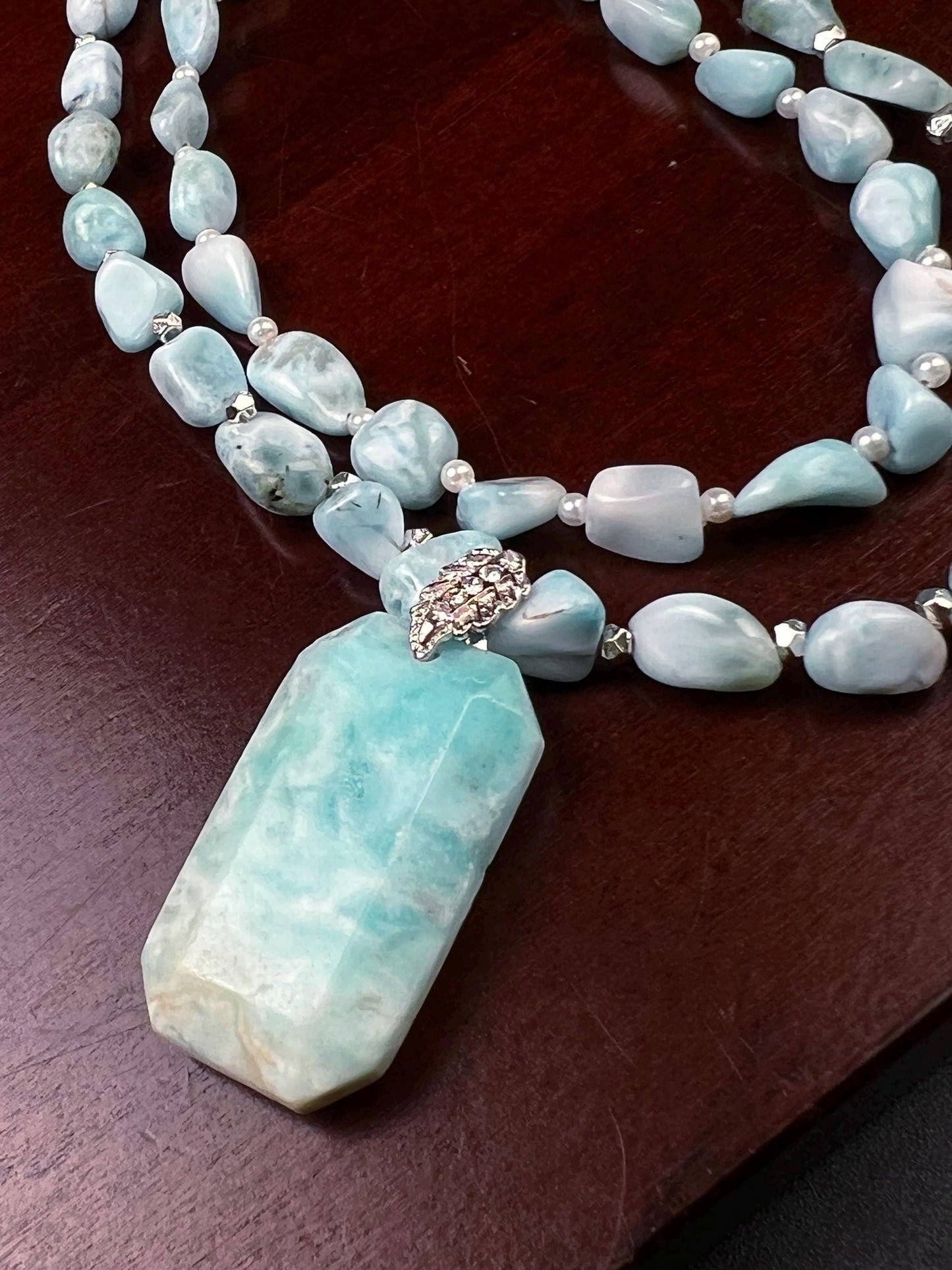 Natural Larimar Double Layered Gemstone, Freshwater Pearl and silver spacer Natural Larimar pendant Necklace