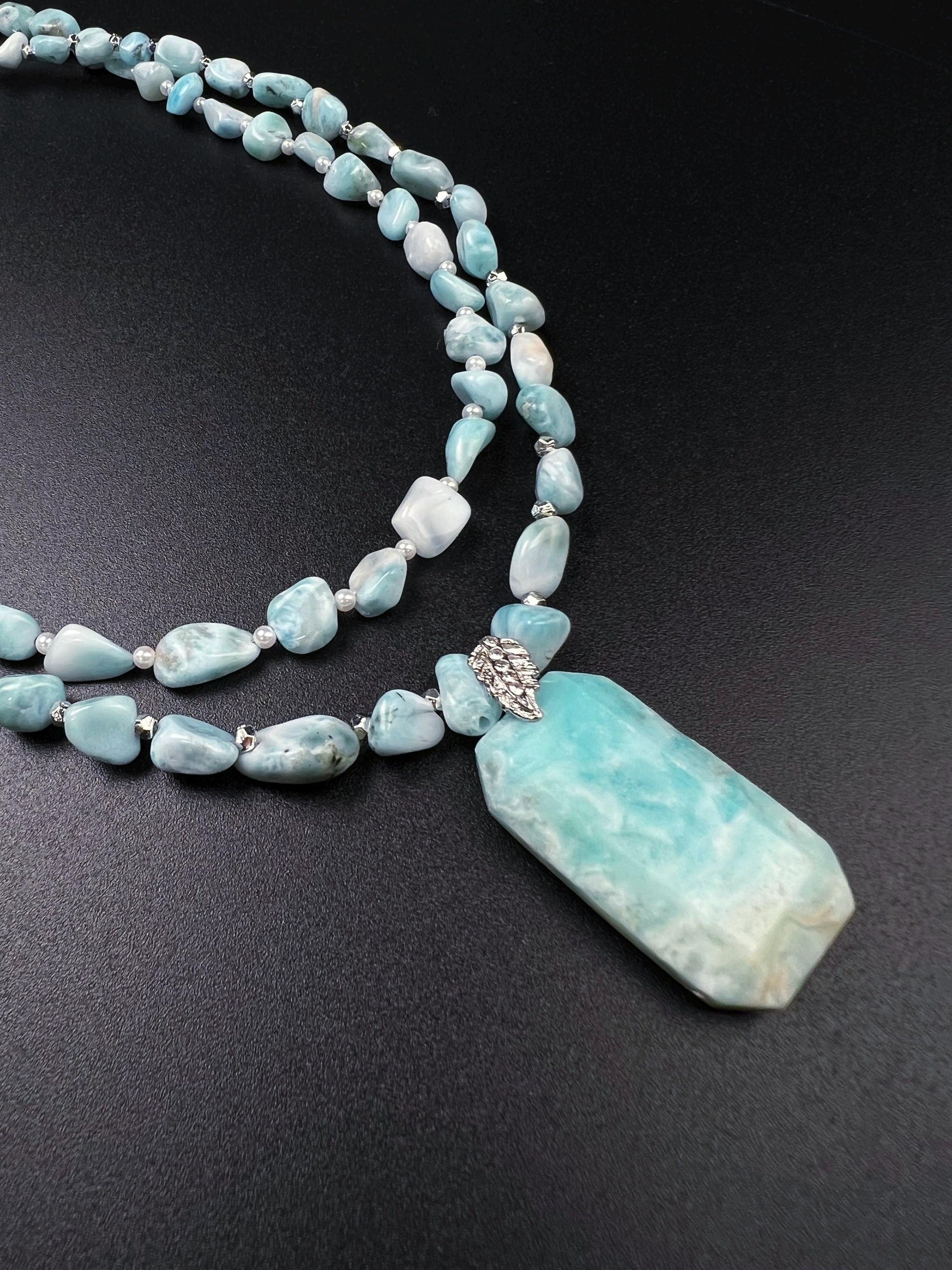 Natural Larimar Double Layered Gemstone, Freshwater Pearl and silver spacer Natural Larimar pendant Necklace