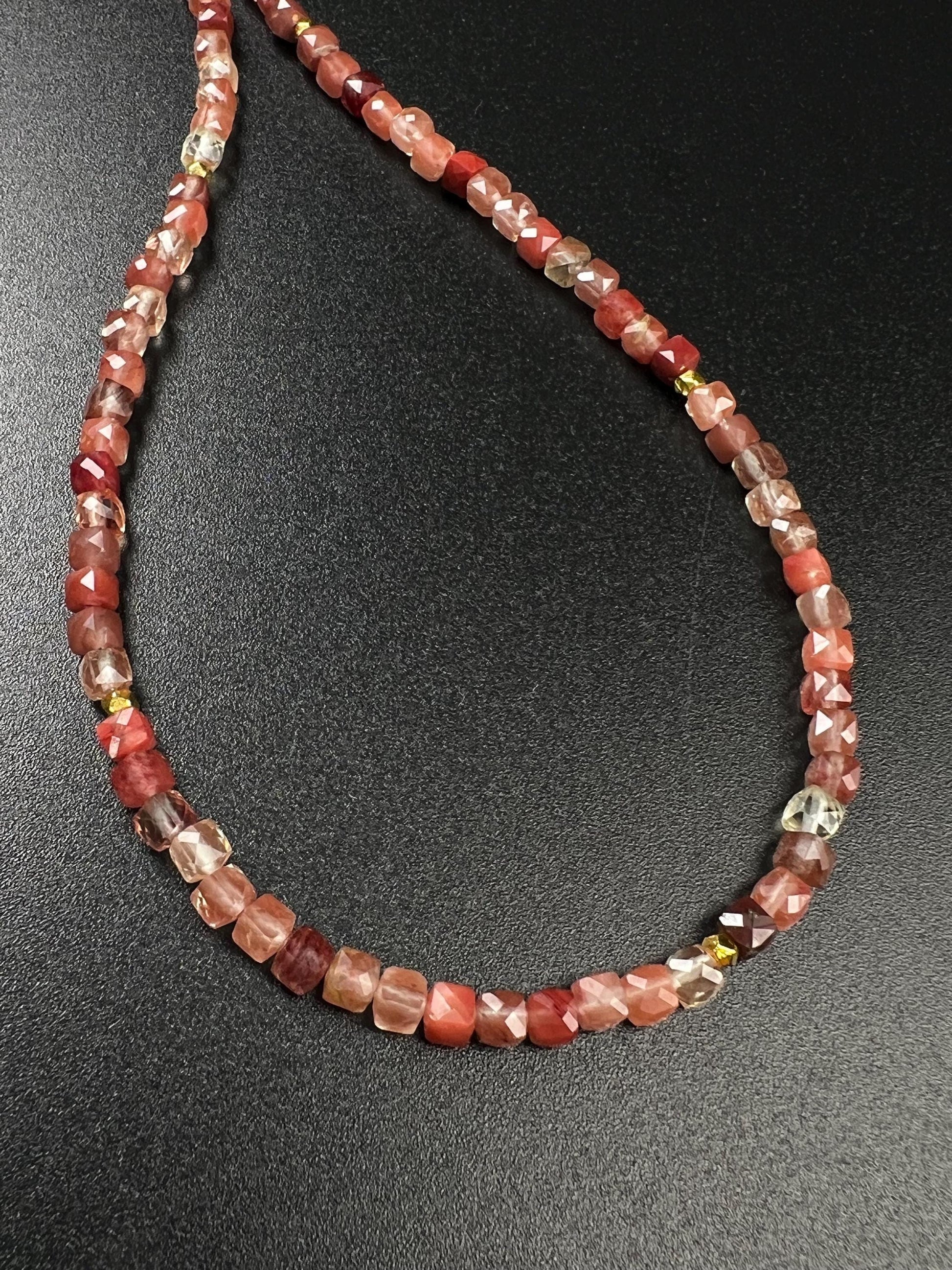Natural Andesine Ombre peach 4 Faceted Square Cube shape gold vermeil Necklace Energy Chakra Yoga Gift.