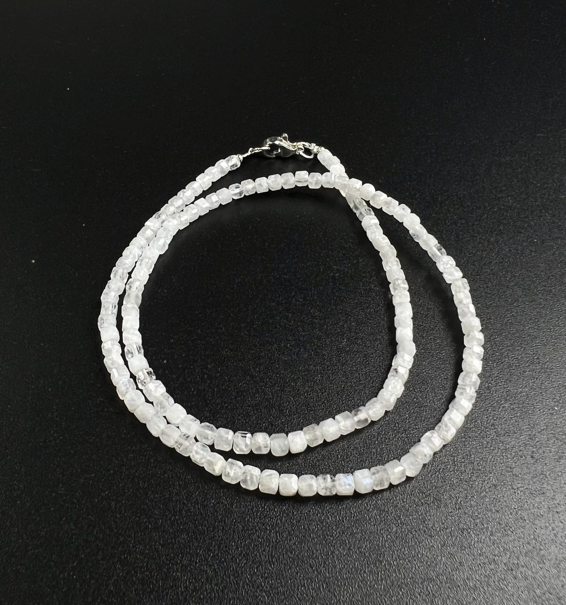Natural Moonstone square Cube Silver white Necklace for Man and woman, minimalist chakra healing gift