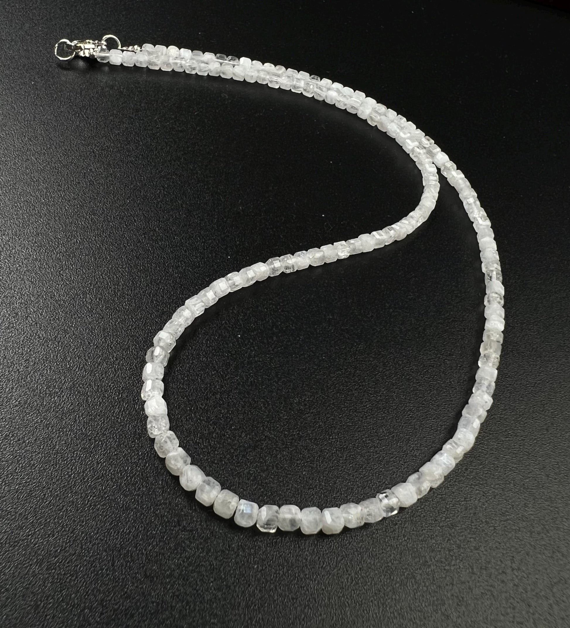 Natural Moonstone square Cube Silver white Necklace for Man and woman, minimalist chakra healing gift