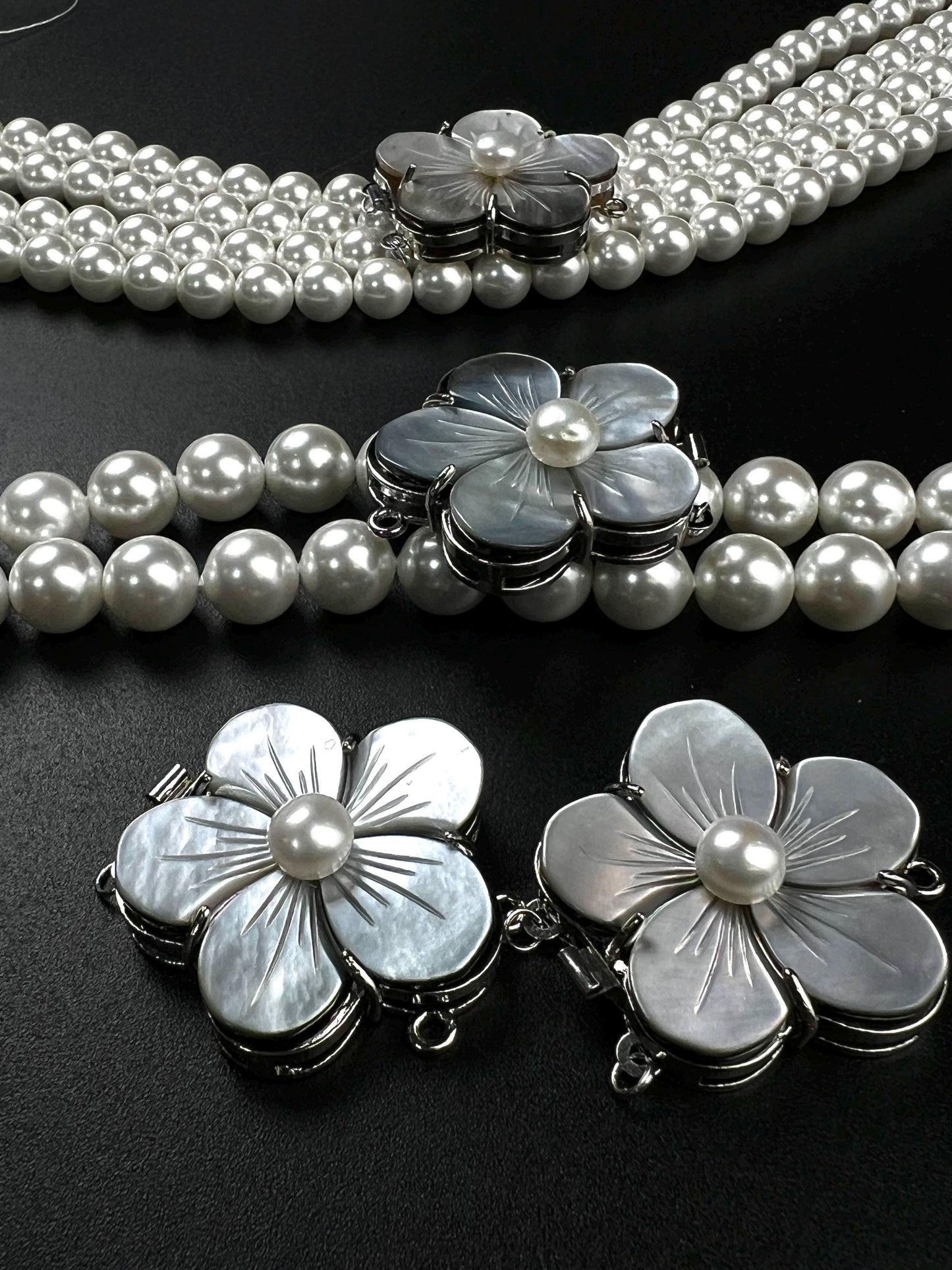 Natural Mother of pearl Black lip 33mm 2 line Fancy Daisy flower pearl clasp Jewelry Making Rhodium push open use for 2 or 4 line necklace