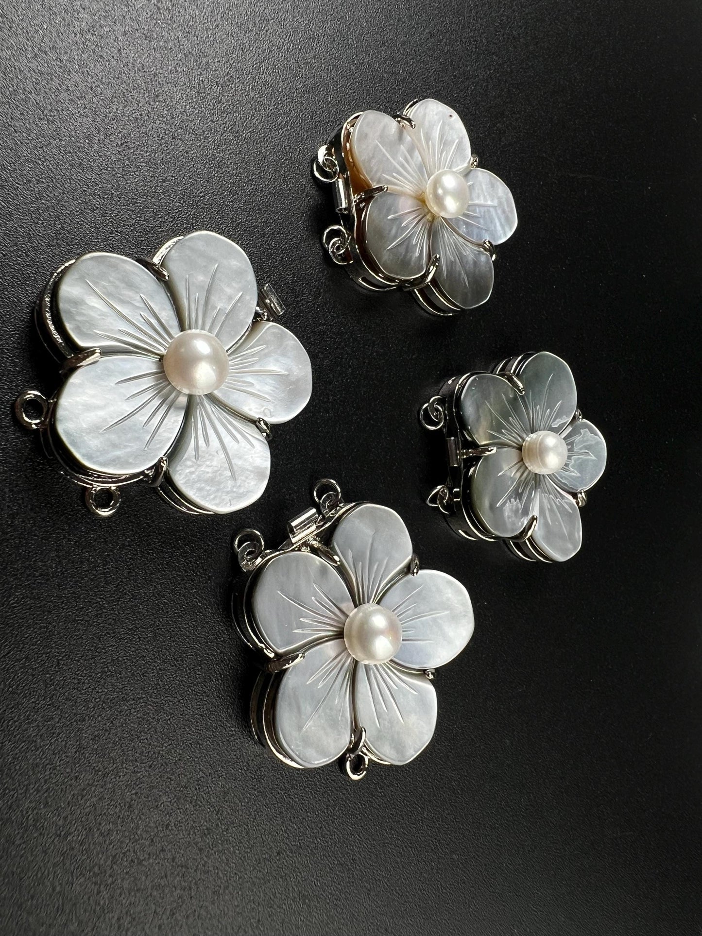 Natural Mother of pearl black lip 2 line Fancy Daisy flower pearl clasp Jewelry Making Rhodium silver push open use for 2 or 4 line necklace