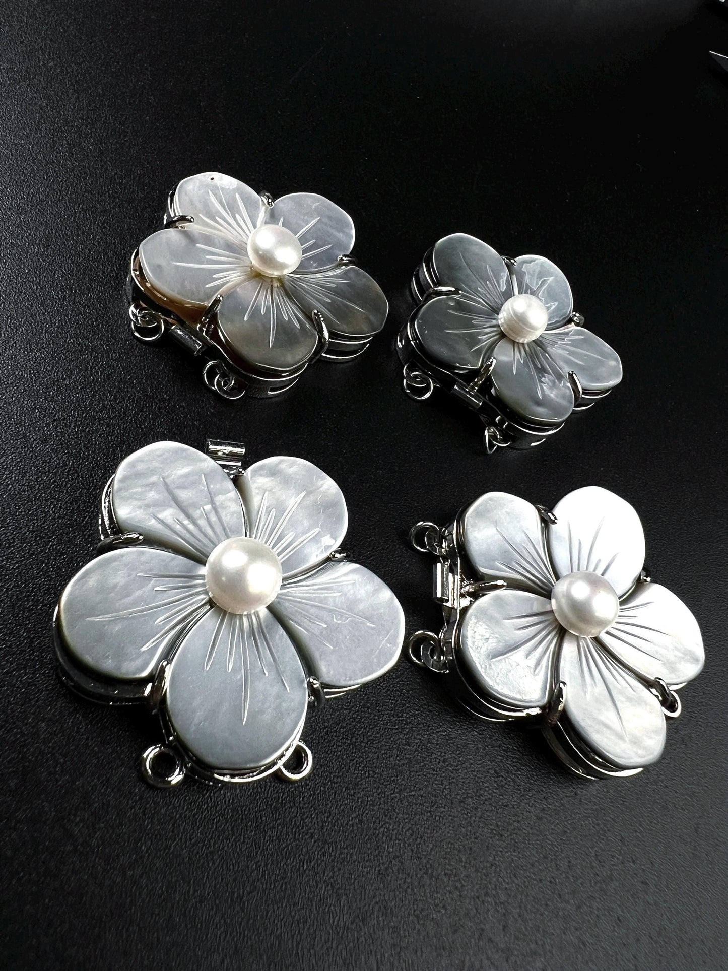 Natural Mother of pearl black lip 2 line Fancy Daisy flower pearl clasp Jewelry Making Rhodium silver push open use for 2 or 4 line necklace