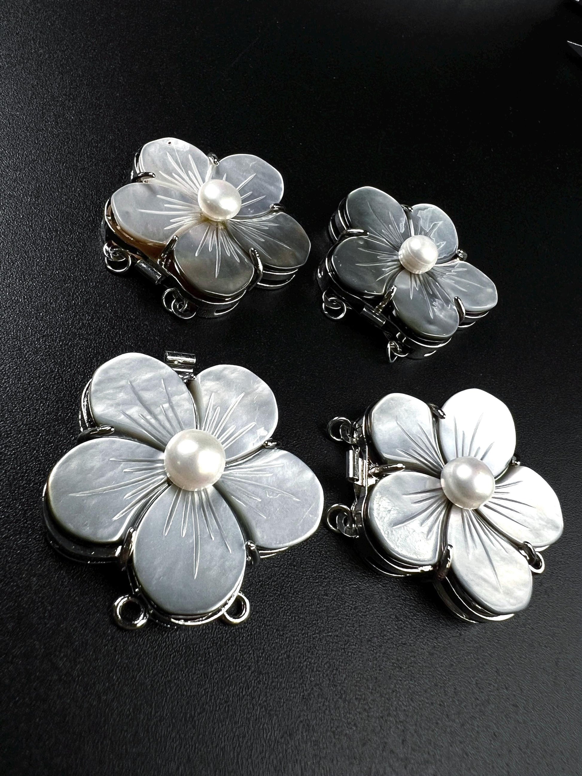 Natural Mother of pearl black lip 2 line Fancy Daisy flower pearl clasp Jewelry Making Rhodium silver push open use for 2 or 4 line necklace