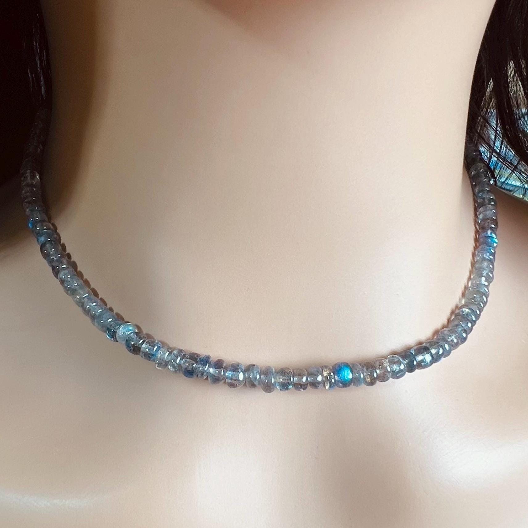 Labradorite Blue Flash Raw Smooth 5-5.5mm Rondelle Choker Layering Necklace in 925 Sterling Silver Rhodium,Birthday,Yoga Healing ,Woman Gift