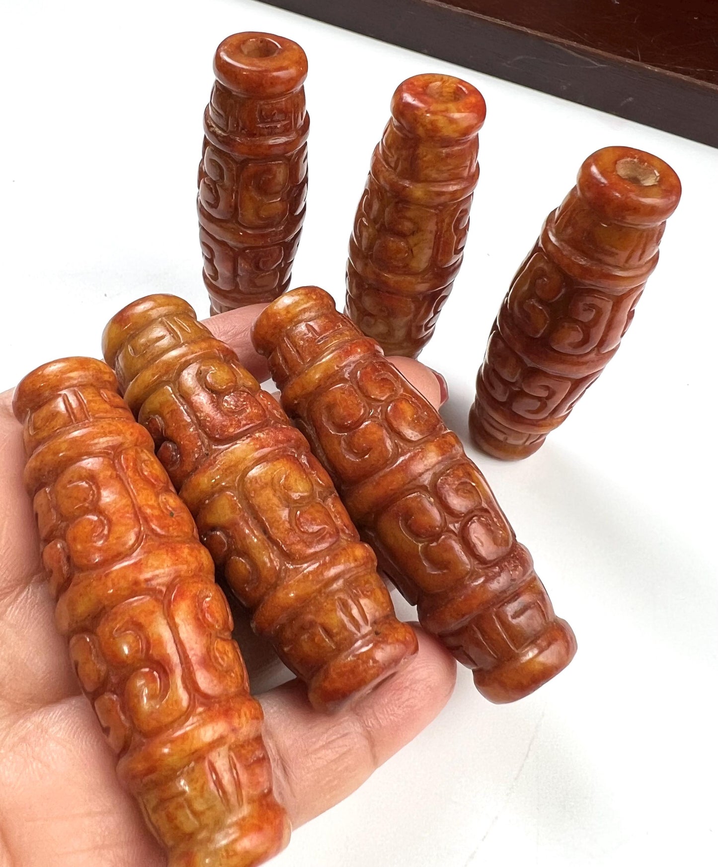 Vintage Natural Antique Tibetian jade Handcrafted Jadeite long bead pocket stone Mineral focal jewelry pendant piece Good Luck