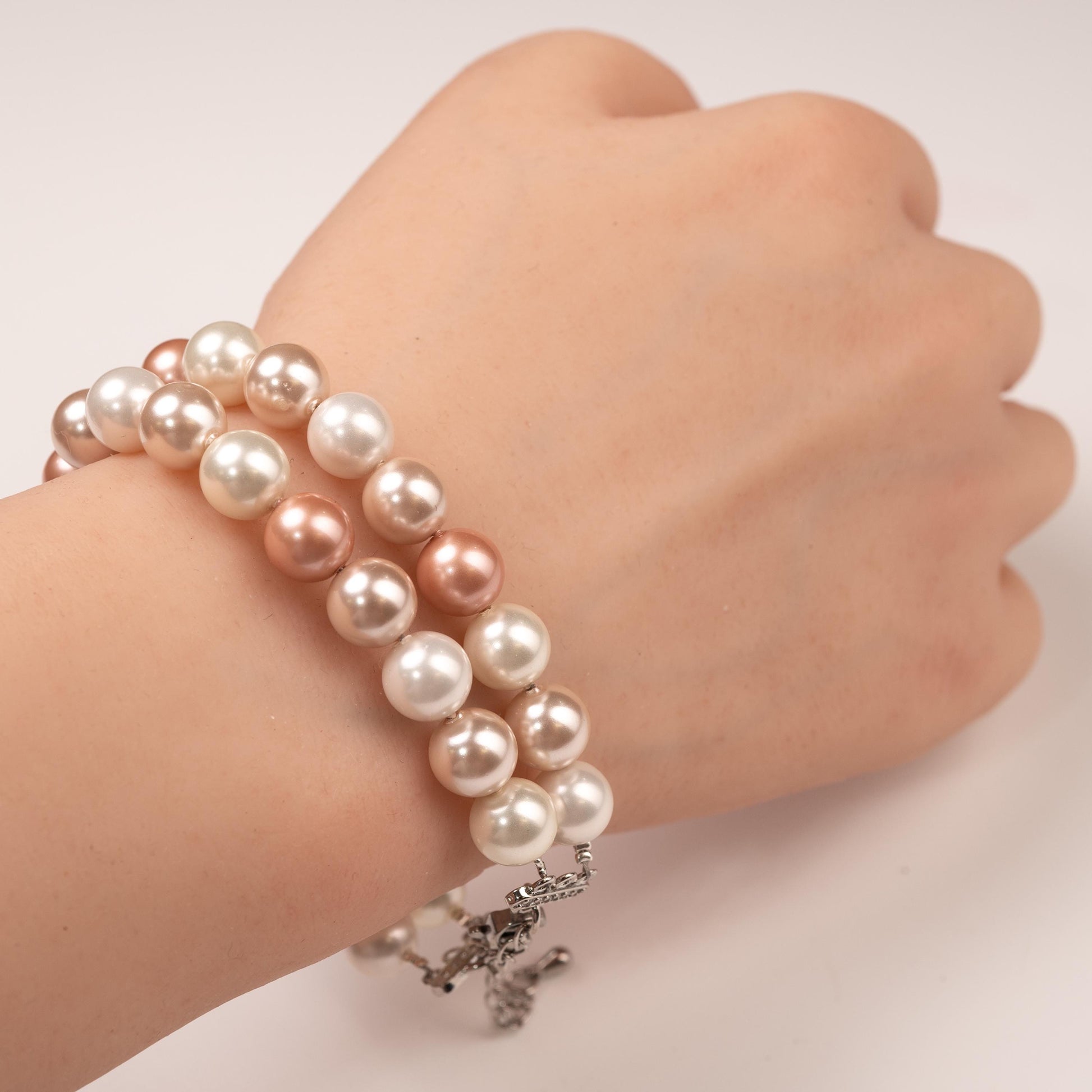Double layered South Sea Shell Pearl 8mm Multi Baby Pink Bracelet with 2" Extender Necklace, CZ Diamond fancy adjustable clasp. Gift for Her