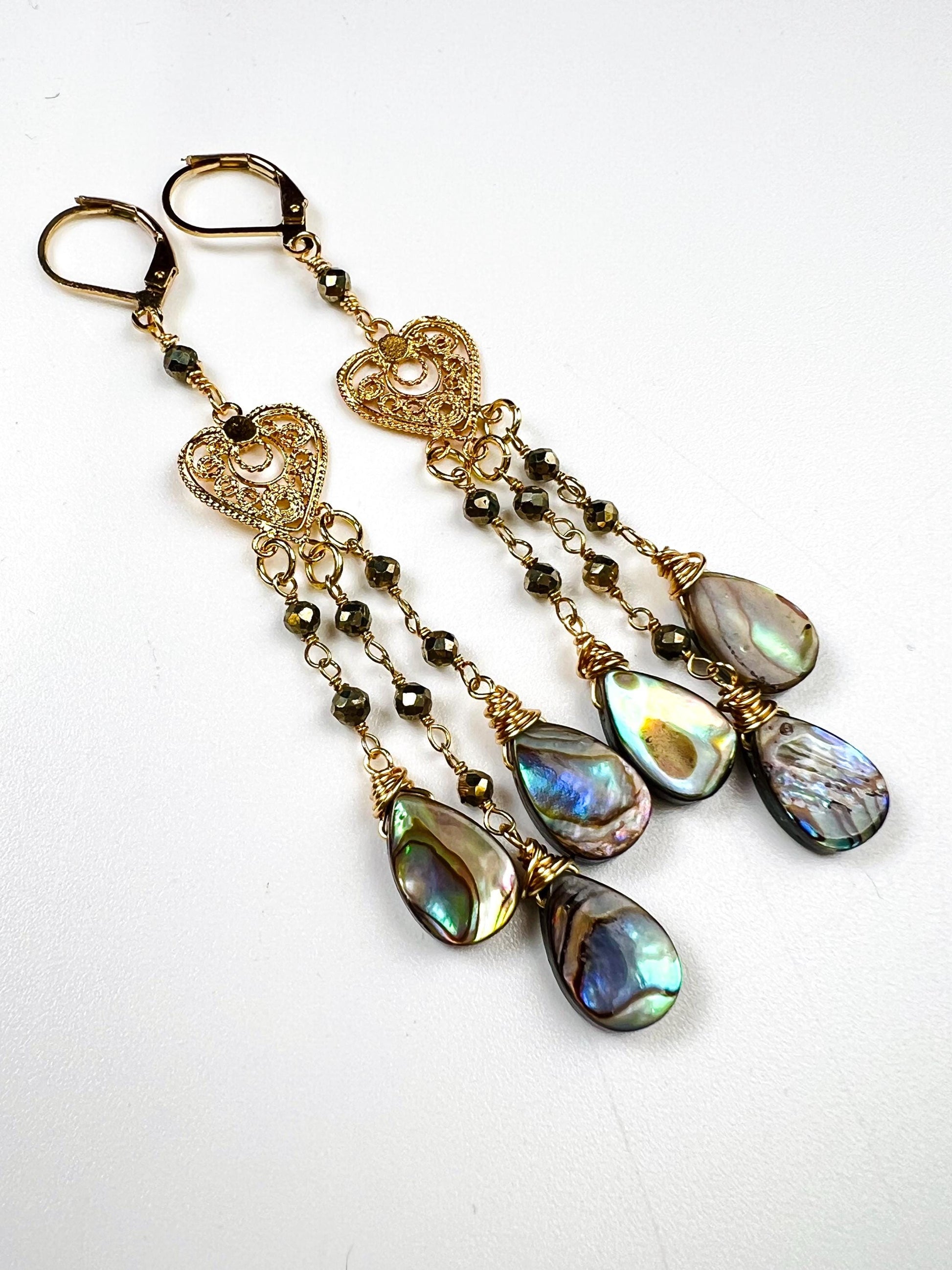 Genuine Abalone Teardrop Dangling Filigree Chandelier Heart, Faceted Labradorite Wire Wrapped Silver Earrings, Handmade Gift for Her