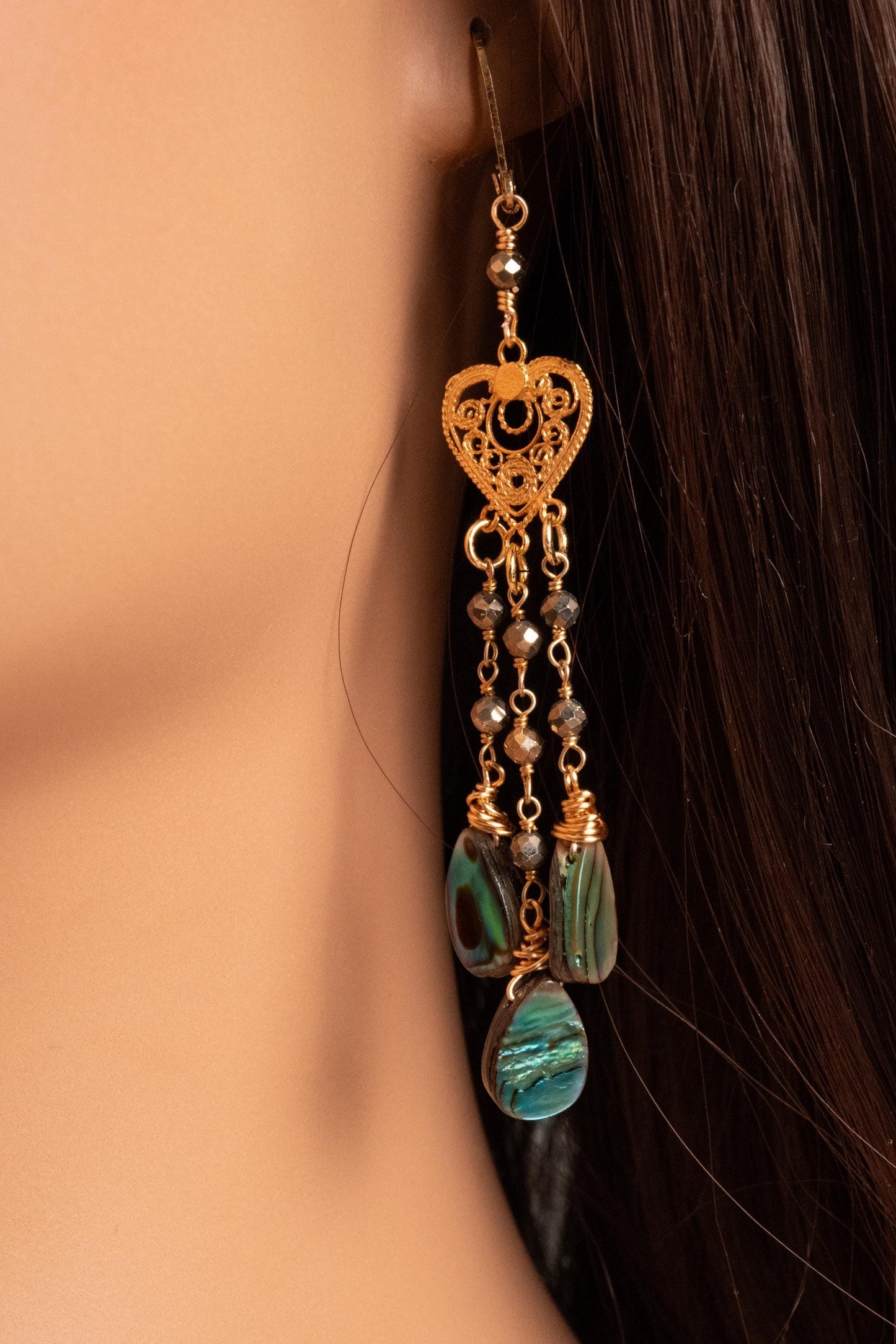 Genuine Abalone Teardrop Dangling Filigree Chandelier Heart, Faceted Labradorite Wire Wrapped Silver Earrings, Handmade Gift for Her