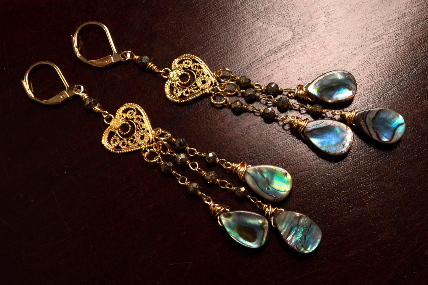 Genuine Abalone Teardrop Dangling Filigree Chandelier Heart, Faceted Labradorite Wire Wrapped Silver Earrings, Handmade Gift for Her