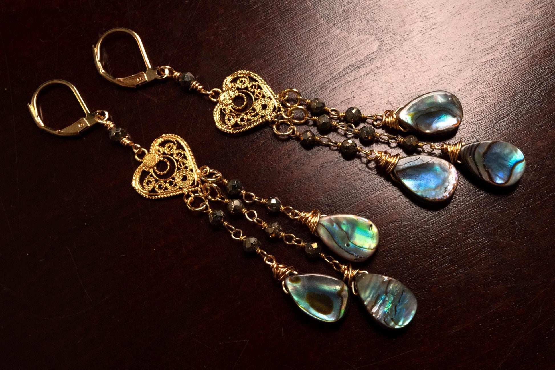 Genuine Abalone Teardrop Dangling Filigree Chandelier Heart, Faceted Labradorite Wire Wrapped Silver Earrings, Handmade Gift for Her