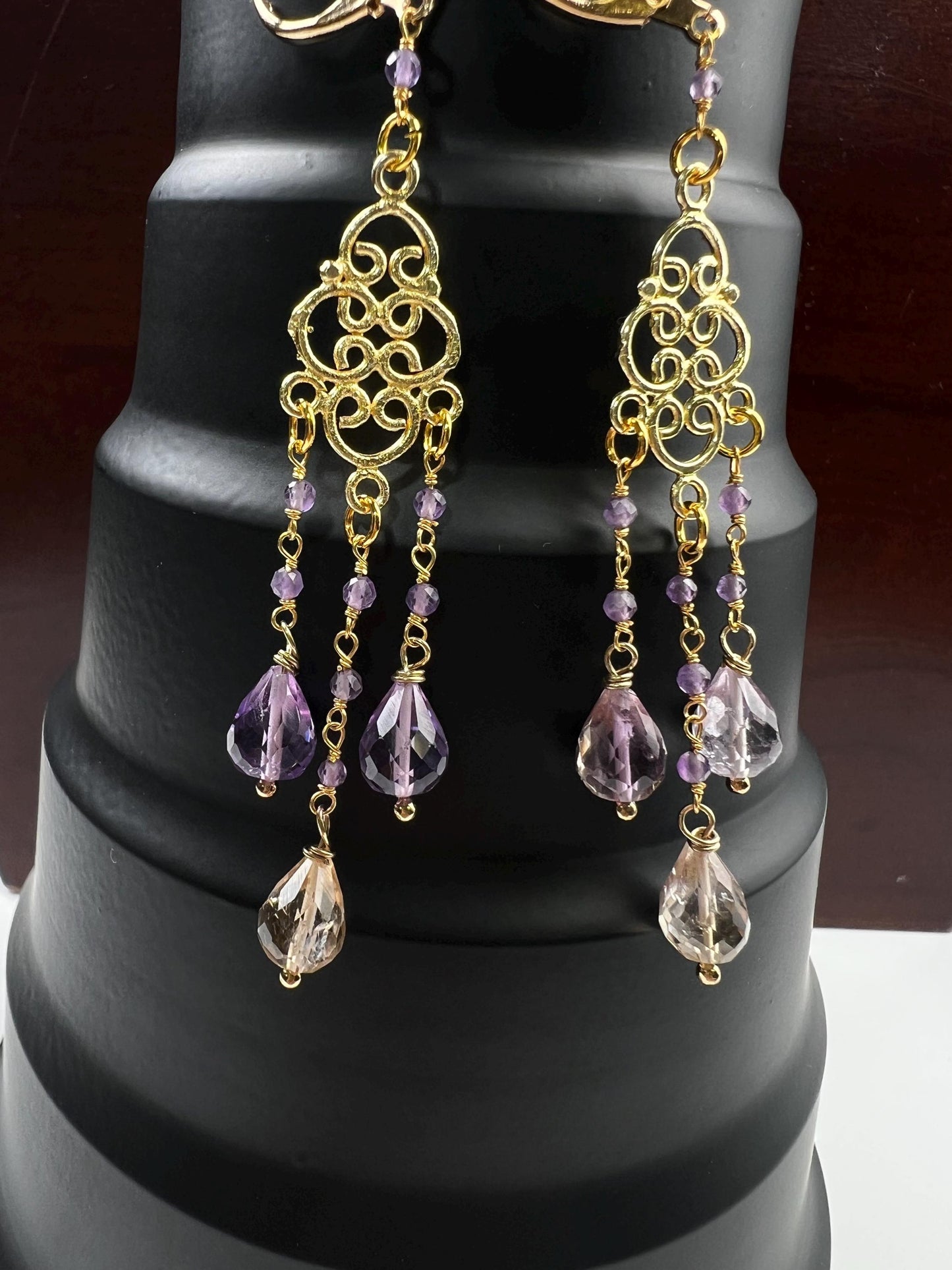 Natural Ametrine Faceted Drop Chandelier Earrings, handmade gemstone Wire wrapped yellow purple 18k Gold Vermeil Earring