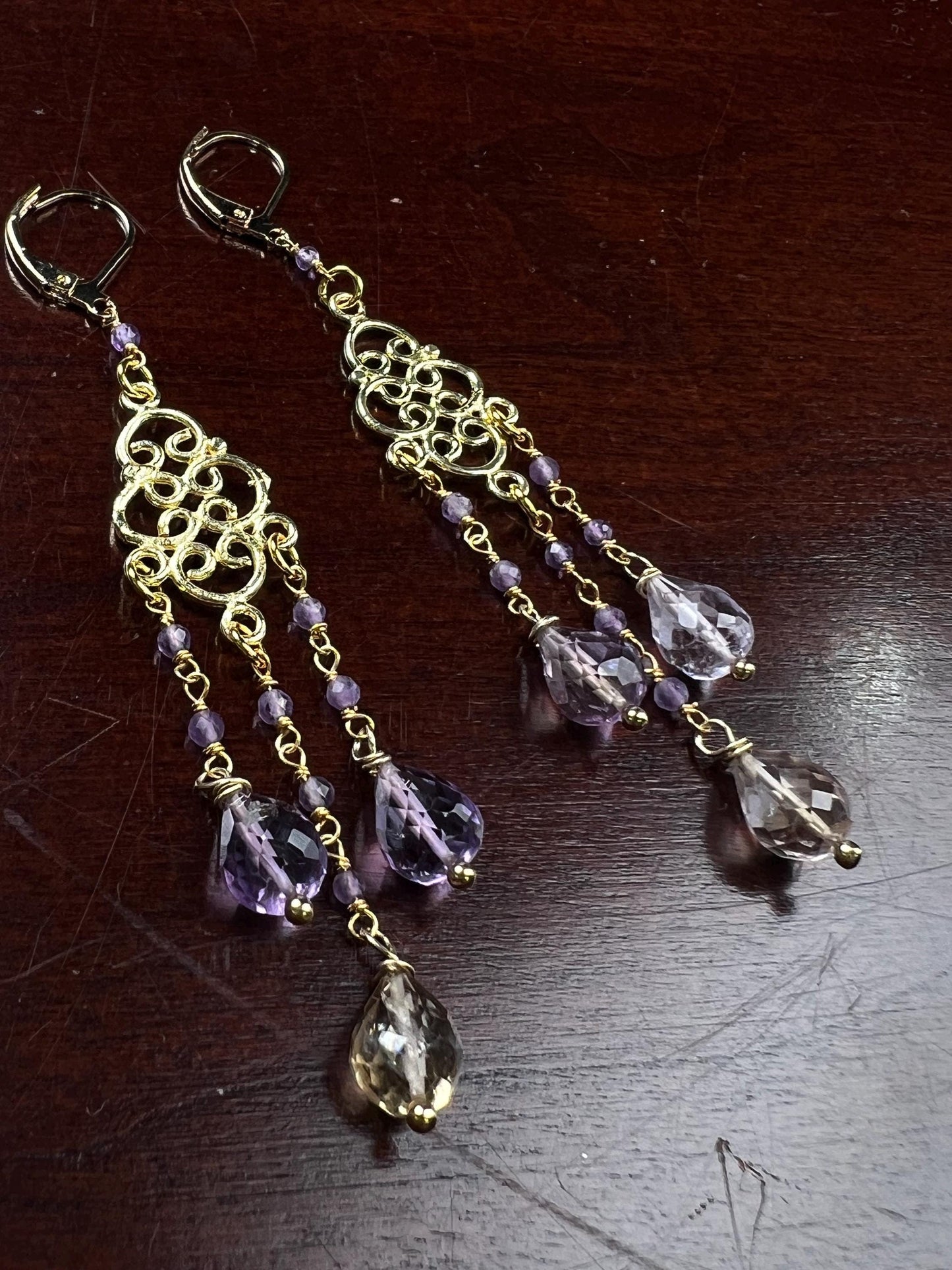 Natural Ametrine Faceted Drop Chandelier Earrings, handmade gemstone Wire wrapped yellow purple 18k Gold Vermeil Earring
