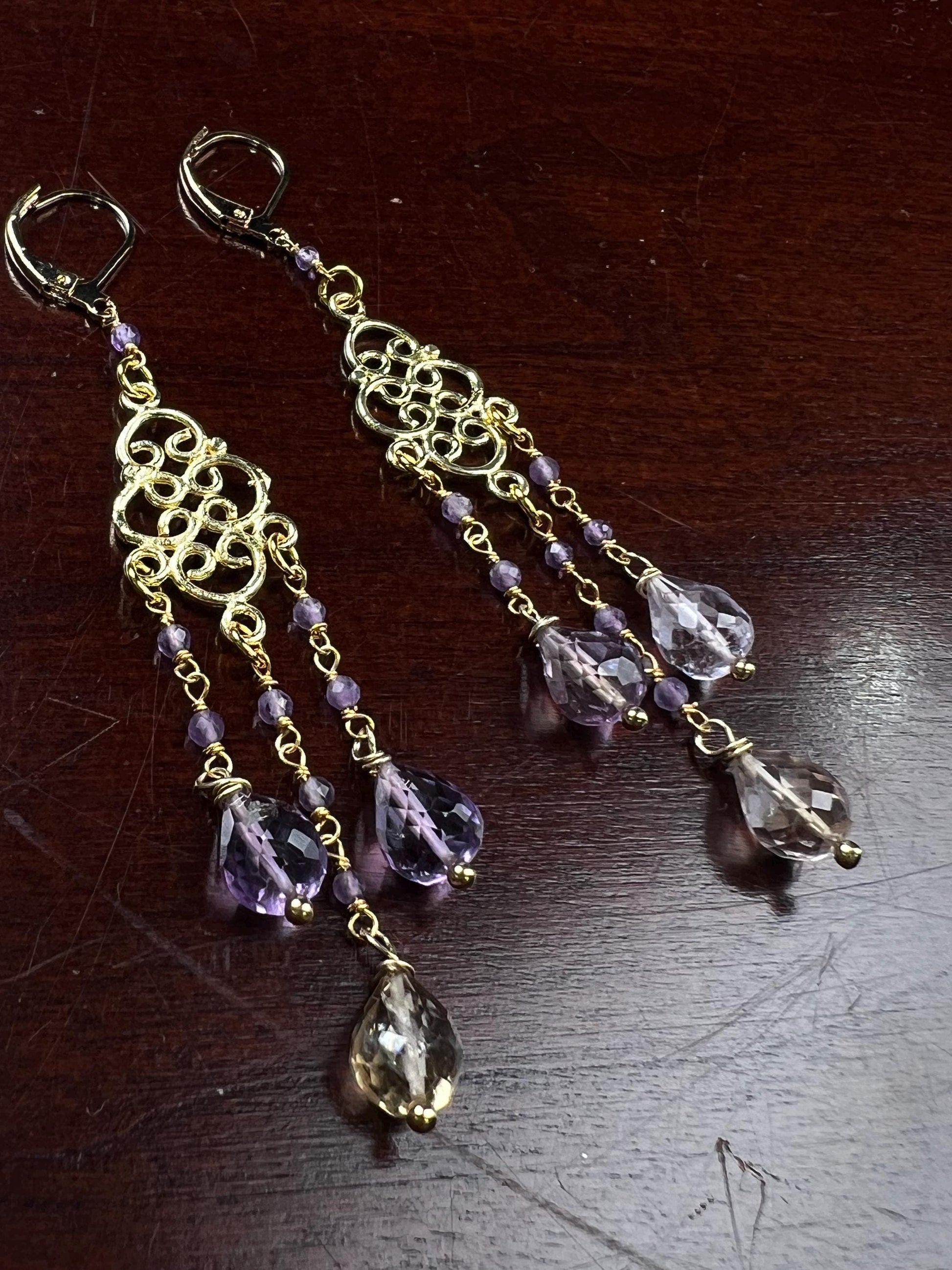 Natural Ametrine Faceted Drop Chandelier Earrings, handmade gemstone Wire wrapped yellow purple 18k Gold Vermeil Earring