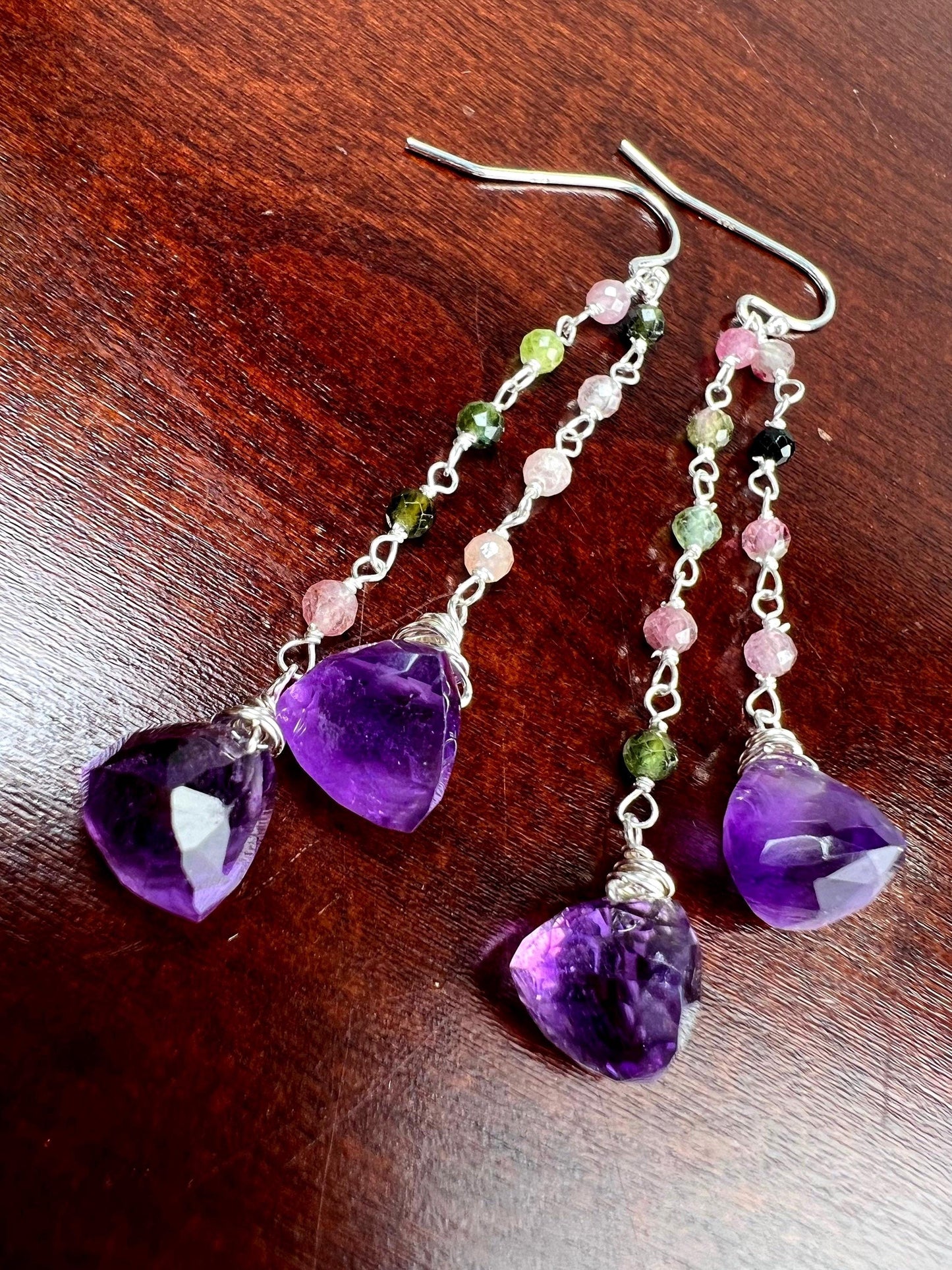 Natural Amethyst Trillion 8mm faceted dangling with Watermelon Tourmaline 925 sterling silver Earrings Handmade Gift