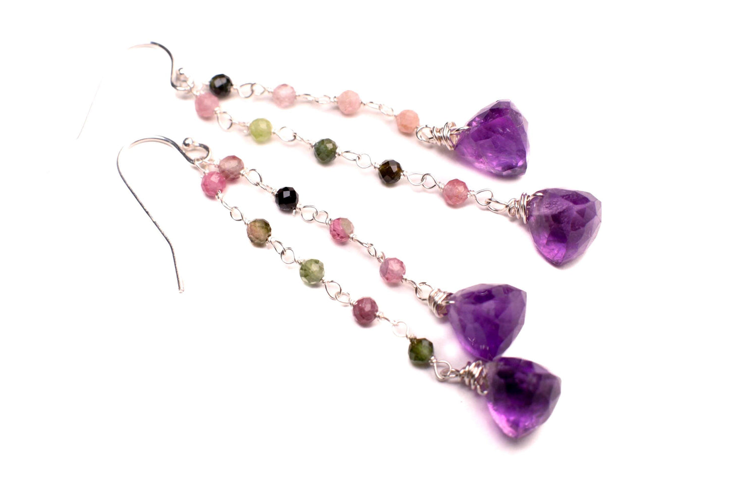 Natural Amethyst Trillion 8mm faceted dangling with Watermelon Tourmaline 925 sterling silver Earrings Handmade Gift