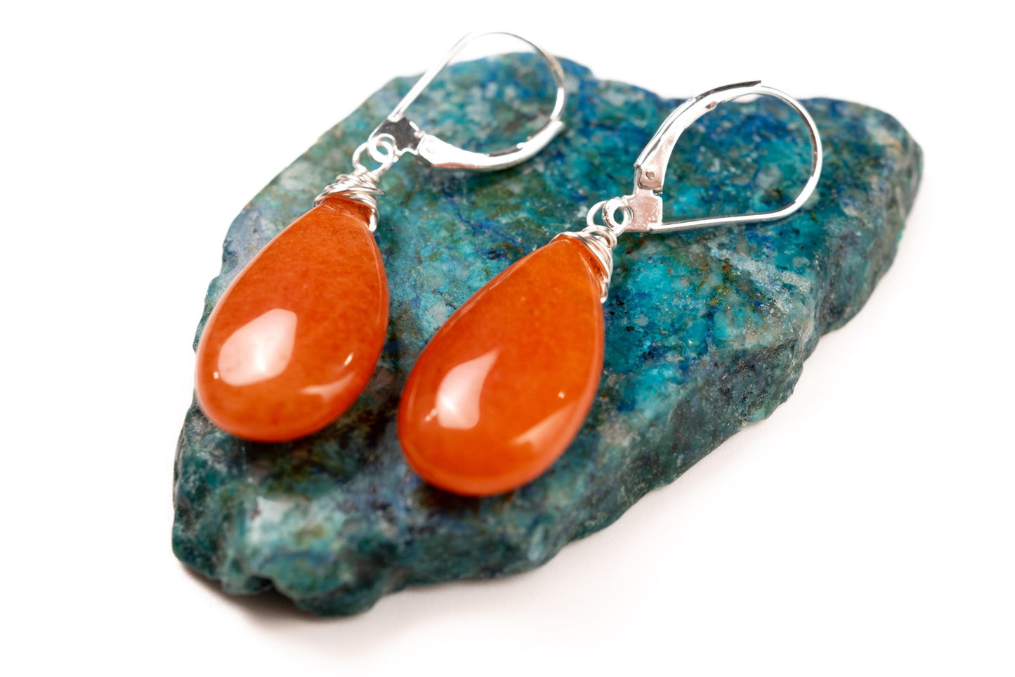 Orange Carnelian Pear Drop Wire Wrapped Dangling Earrings in 925 Sterling Silver. Soothing Orange Earring, Handmade Gift