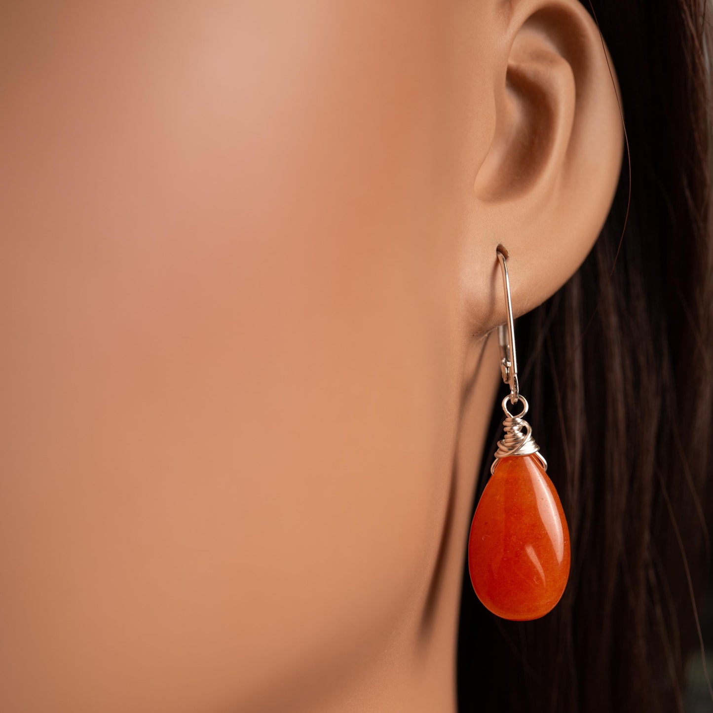Orange Carnelian Pear Drop Wire Wrapped Dangling Earrings in 925 Sterling Silver. Soothing Orange Earring, Handmade Gift