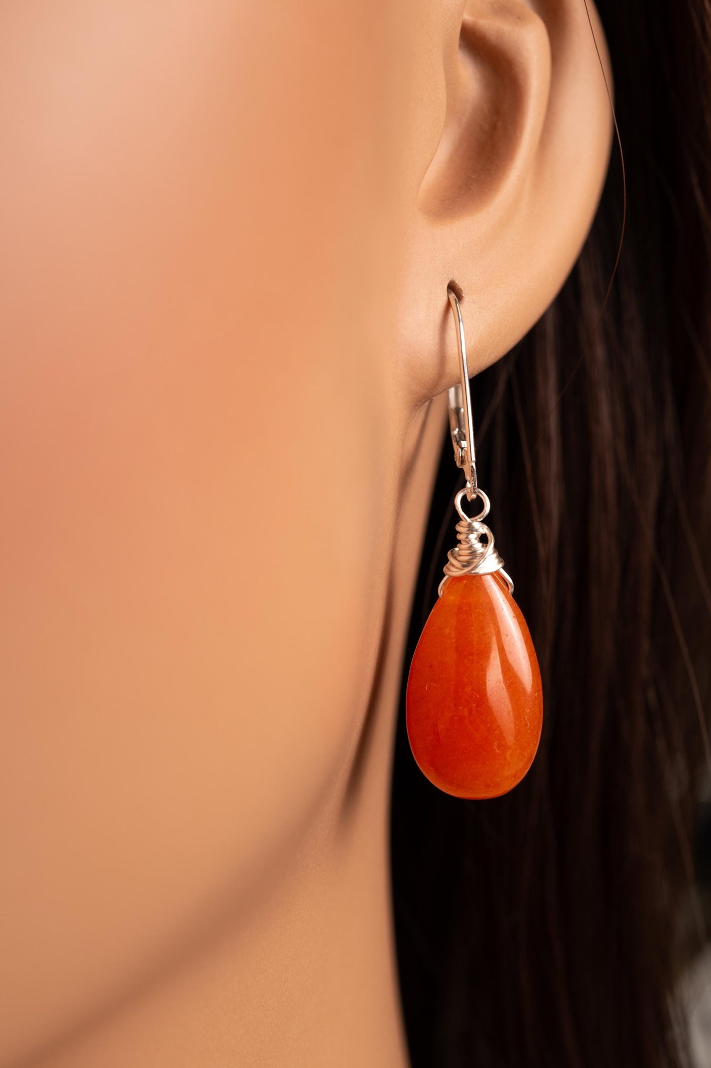Orange Carnelian Pear Drop Wire Wrapped Dangling Earrings in 925 Sterling Silver. Soothing Orange Earring, Handmade Gift