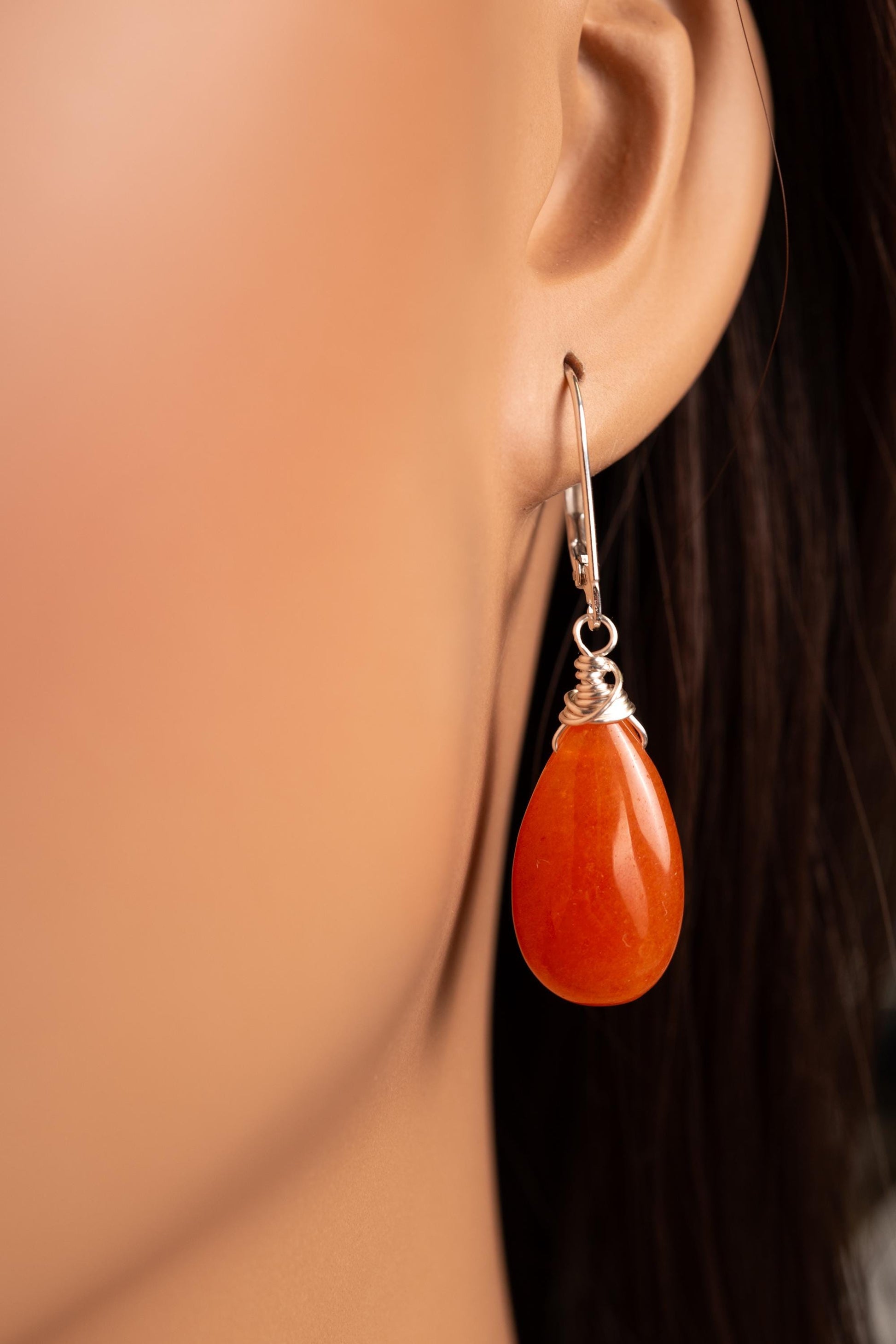 Orange Carnelian Pear Drop Wire Wrapped Dangling Earrings in 925 Sterling Silver. Soothing Orange Earring, Handmade Gift