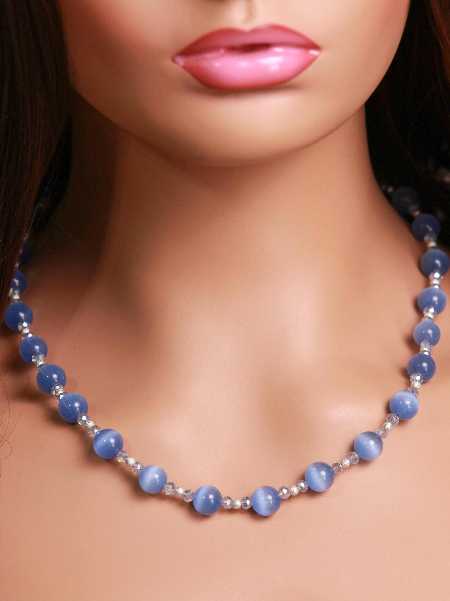 Blue Cat's Eye 10mm Smooth Round Choker, Silver Spacer Handmade Layering Necklace