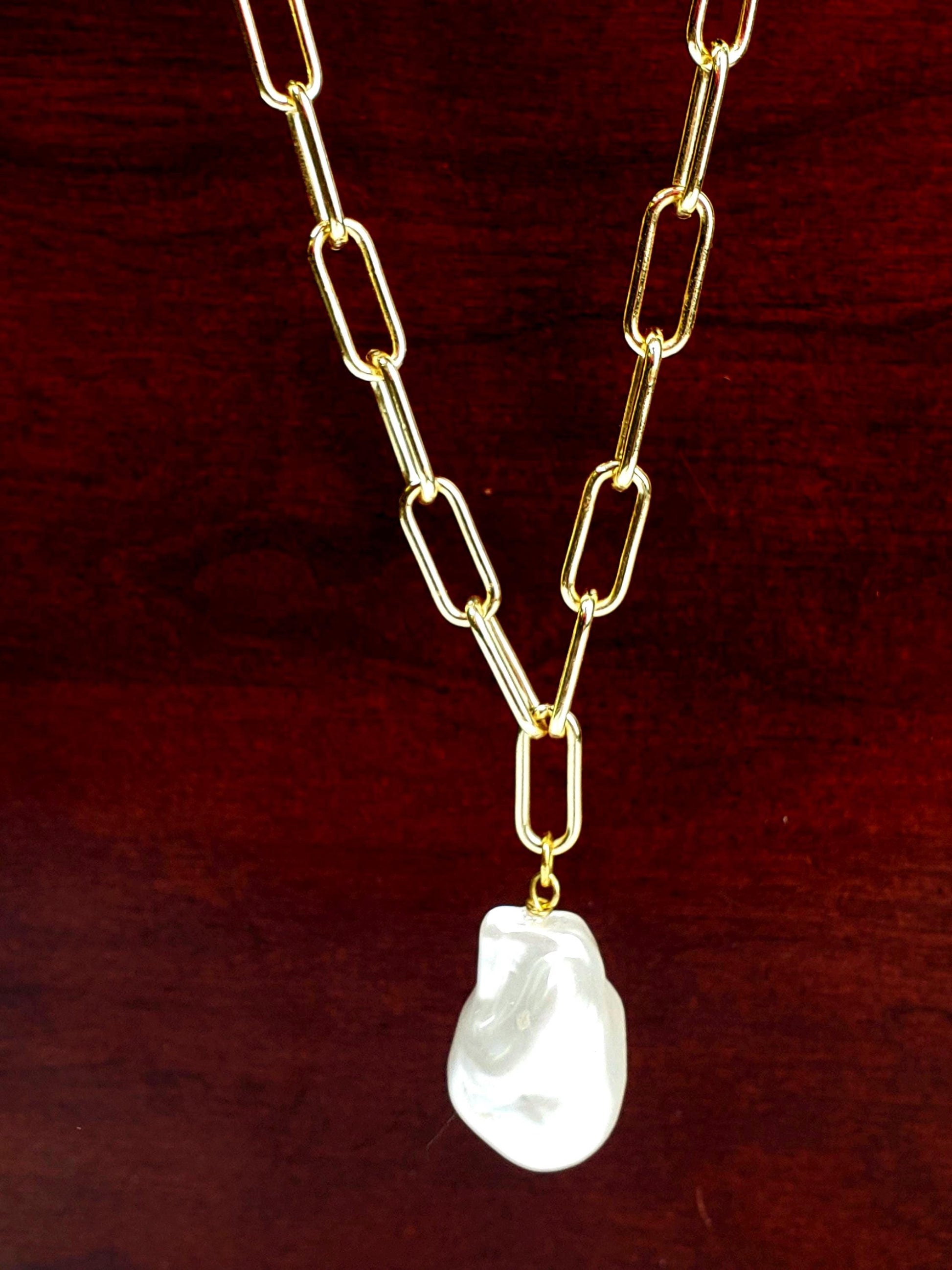 18k Gold Paper clip chain large size 7x17mm chain with huge Baroque pearl 20x30mm pendant gold necklace Resistance and Unity