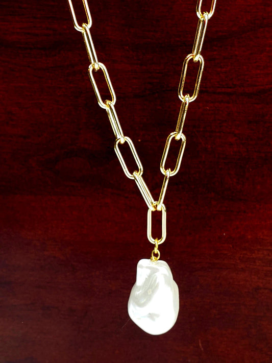 18k Gold Paper clip chain large size 7x17mm chain with huge Baroque pearl 20x30mm pendant gold necklace Resistance and Unity