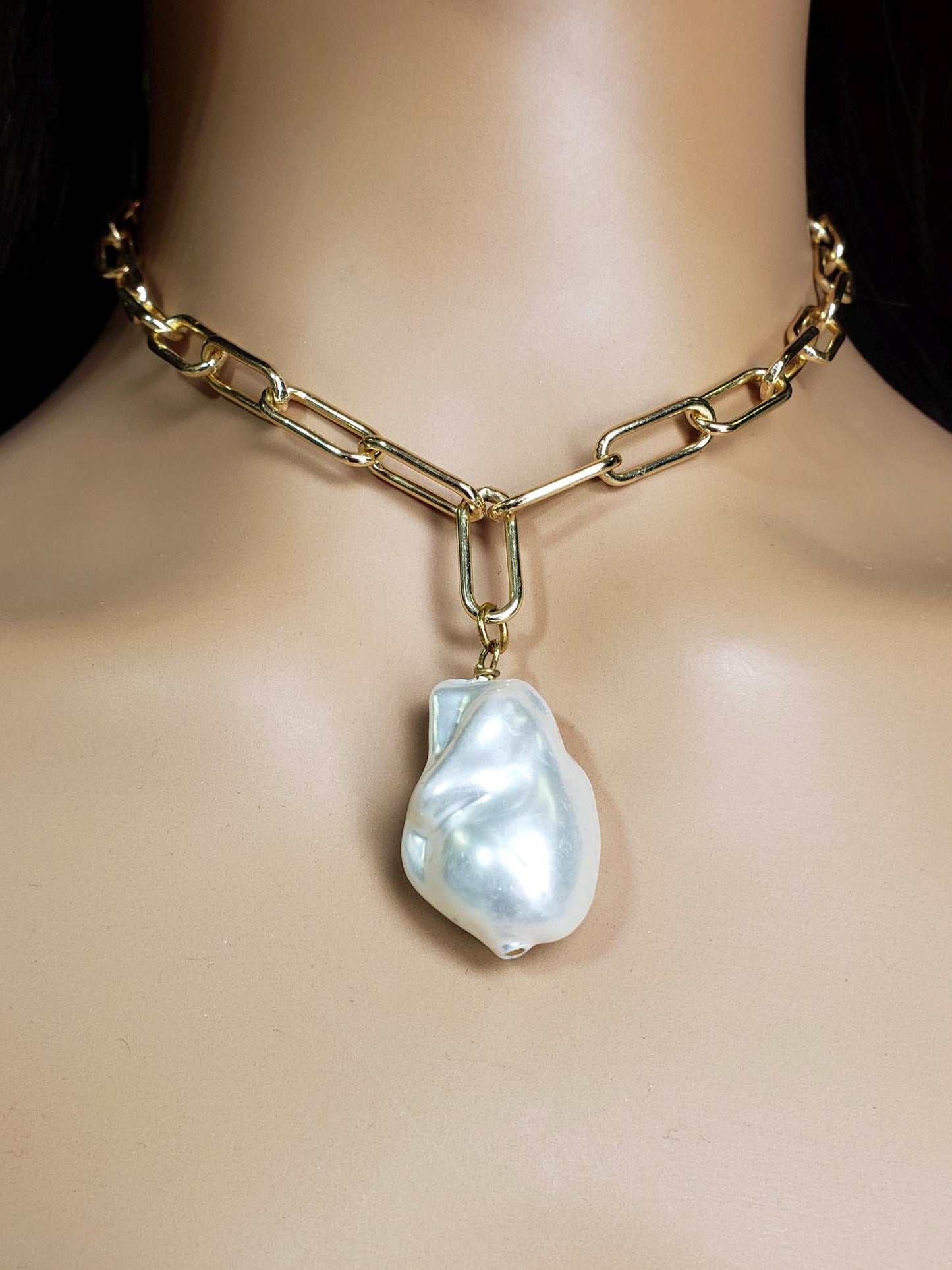 18k Gold Paper clip chain large size 7x17mm chain with huge Baroque pearl 20x30mm pendant gold necklace Resistance and Unity