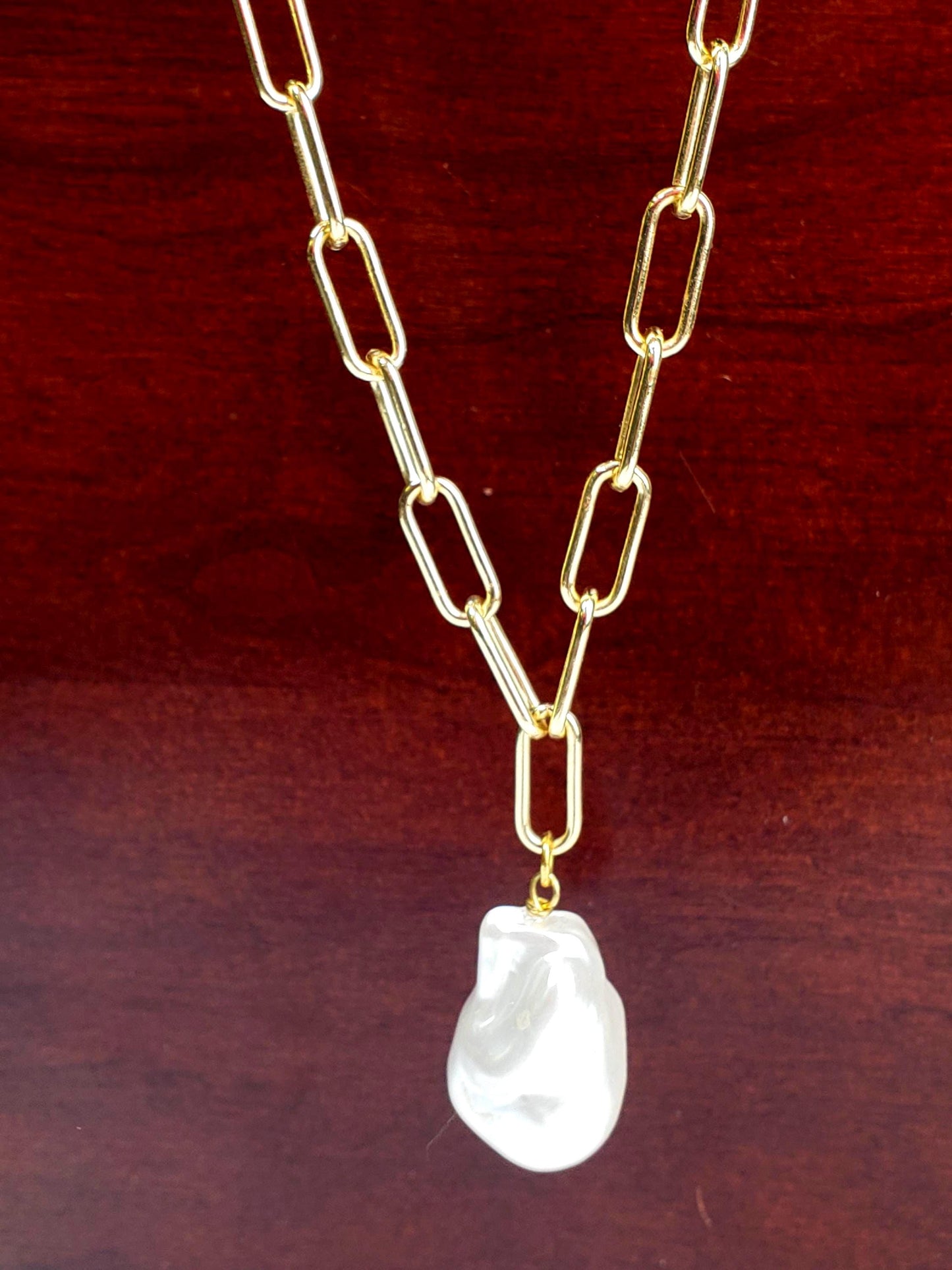 18k Gold Paper clip chain large size 7x17mm chain with huge Baroque pearl 20x30mm pendant gold necklace Resistance and Unity