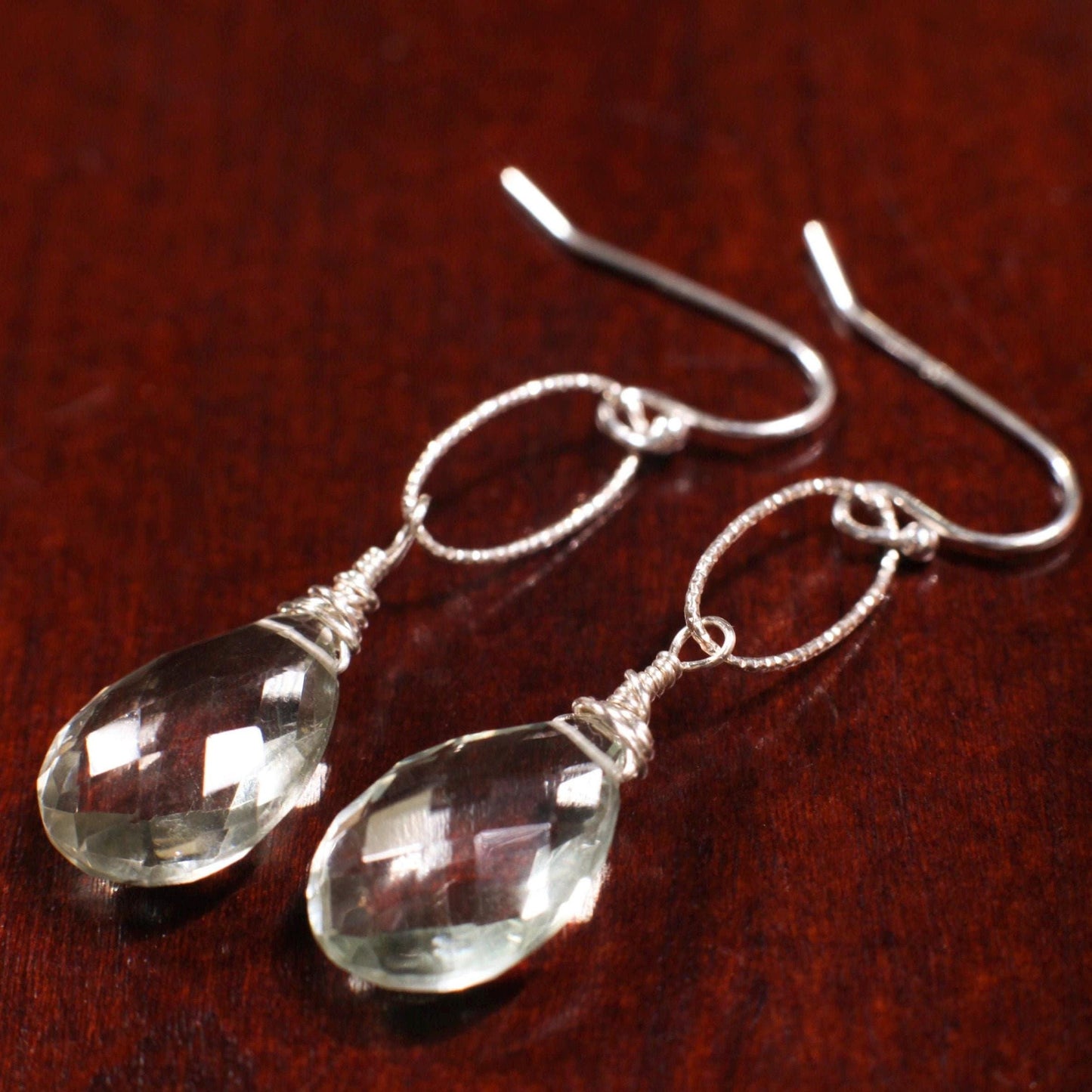 Green Amethyst, Prasiolite drop Cut Faceted 10x16mm Teardrop Wire Wrapped Dangling on 925 Sterling Silver Diamond Cut Oval Earrings,Gift