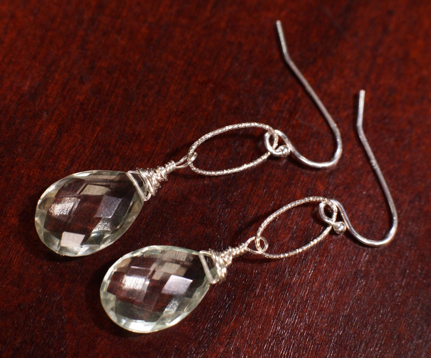 Green Amethyst, Prasiolite drop Cut Faceted 10x16mm Teardrop Wire Wrapped Dangling on 925 Sterling Silver Diamond Cut Oval Earrings,Gift