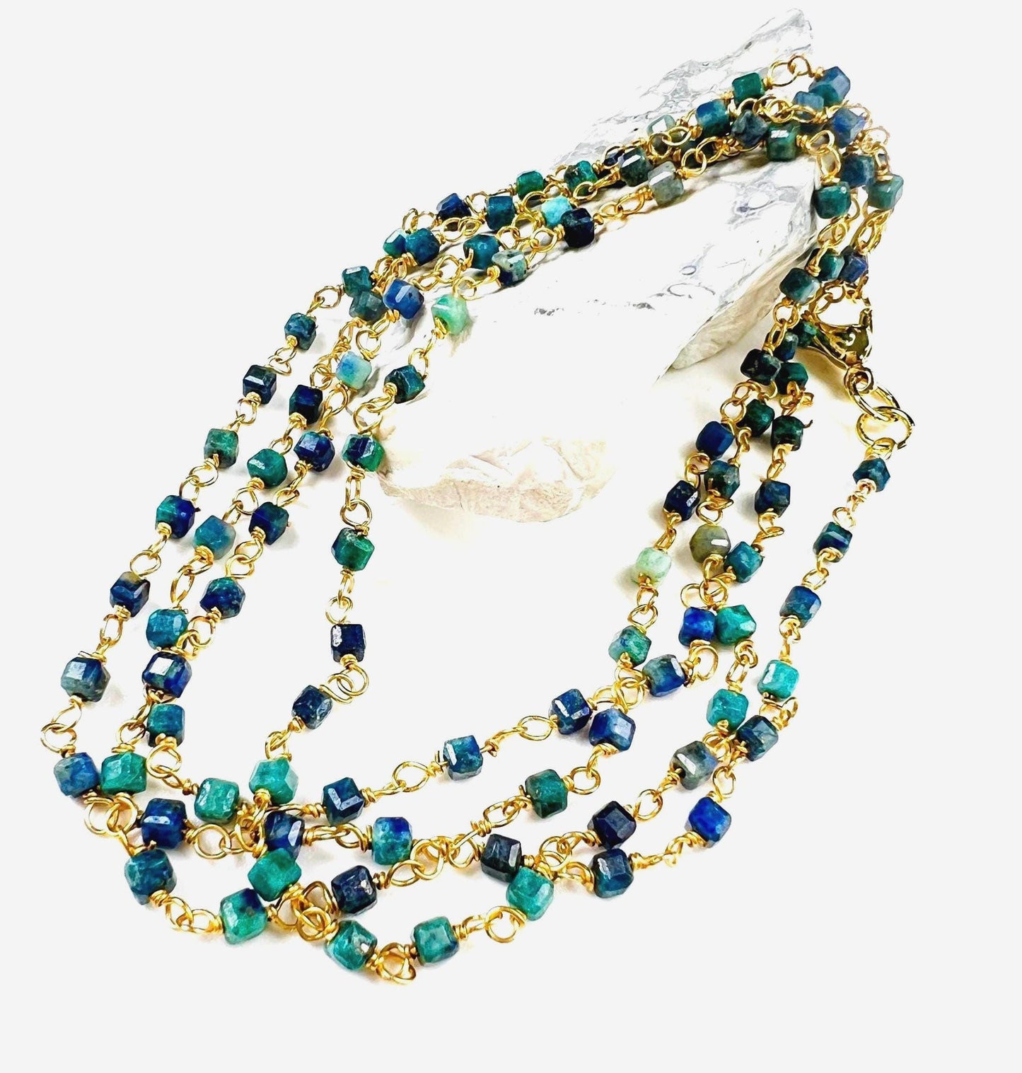 Chrysocolla square cube shape Wire Wrapped handmade gold gold Necklace, choker, layering , Holiday Gift, 14"- 30". Very beautiful