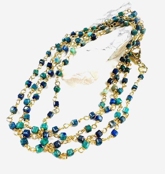 Chrysocolla square cube shape Wire Wrapped handmade gold gold Necklace, choker, layering , Holiday Gift, 14"- 30". Very beautiful