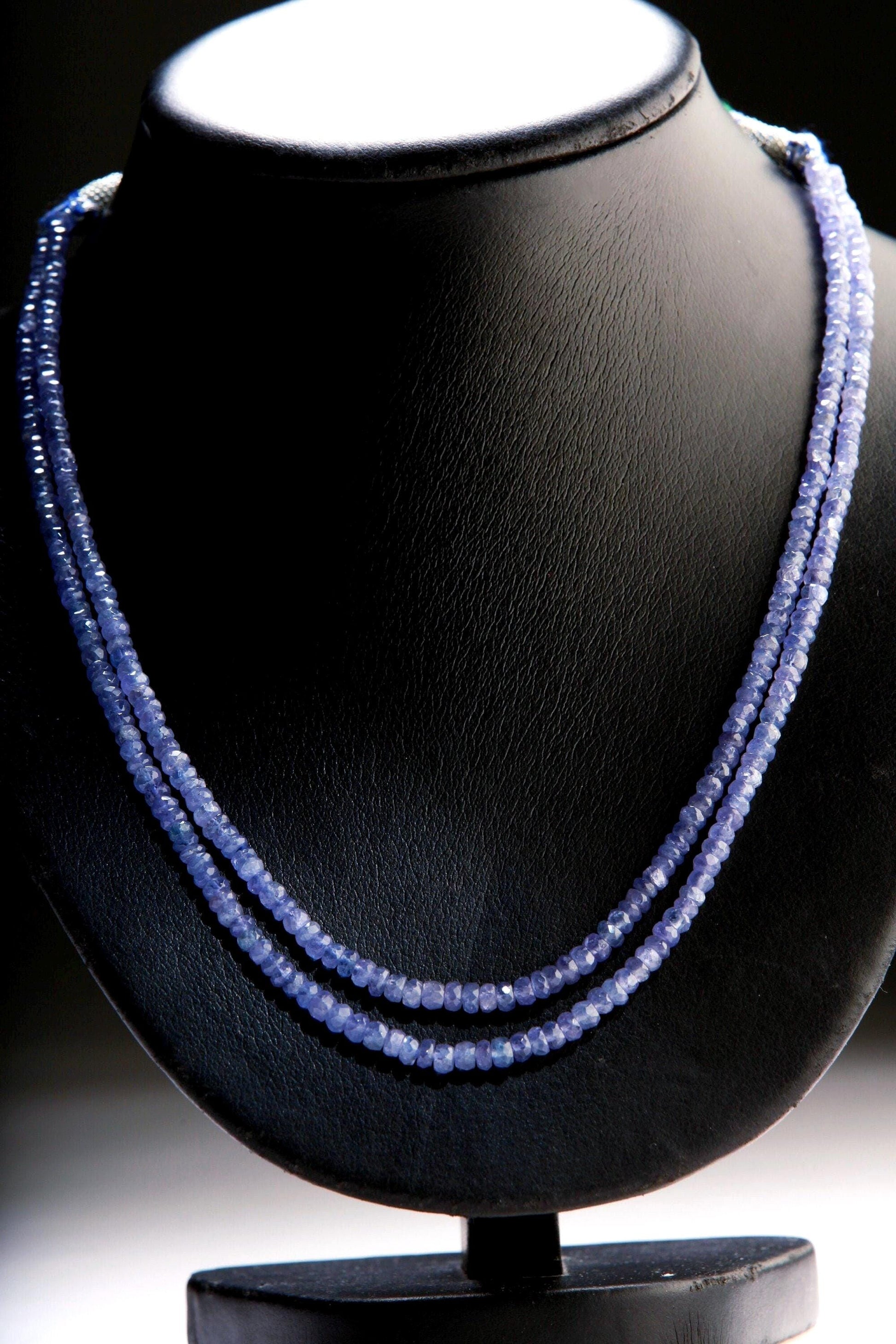 Natural Tanzanite Faceted Rondelle 3.5-5mm Beads 2 Stranded Adjustable Threaded 16" Necklace, 6 Line with Lobster Clasp, 2" Extension, AAA+