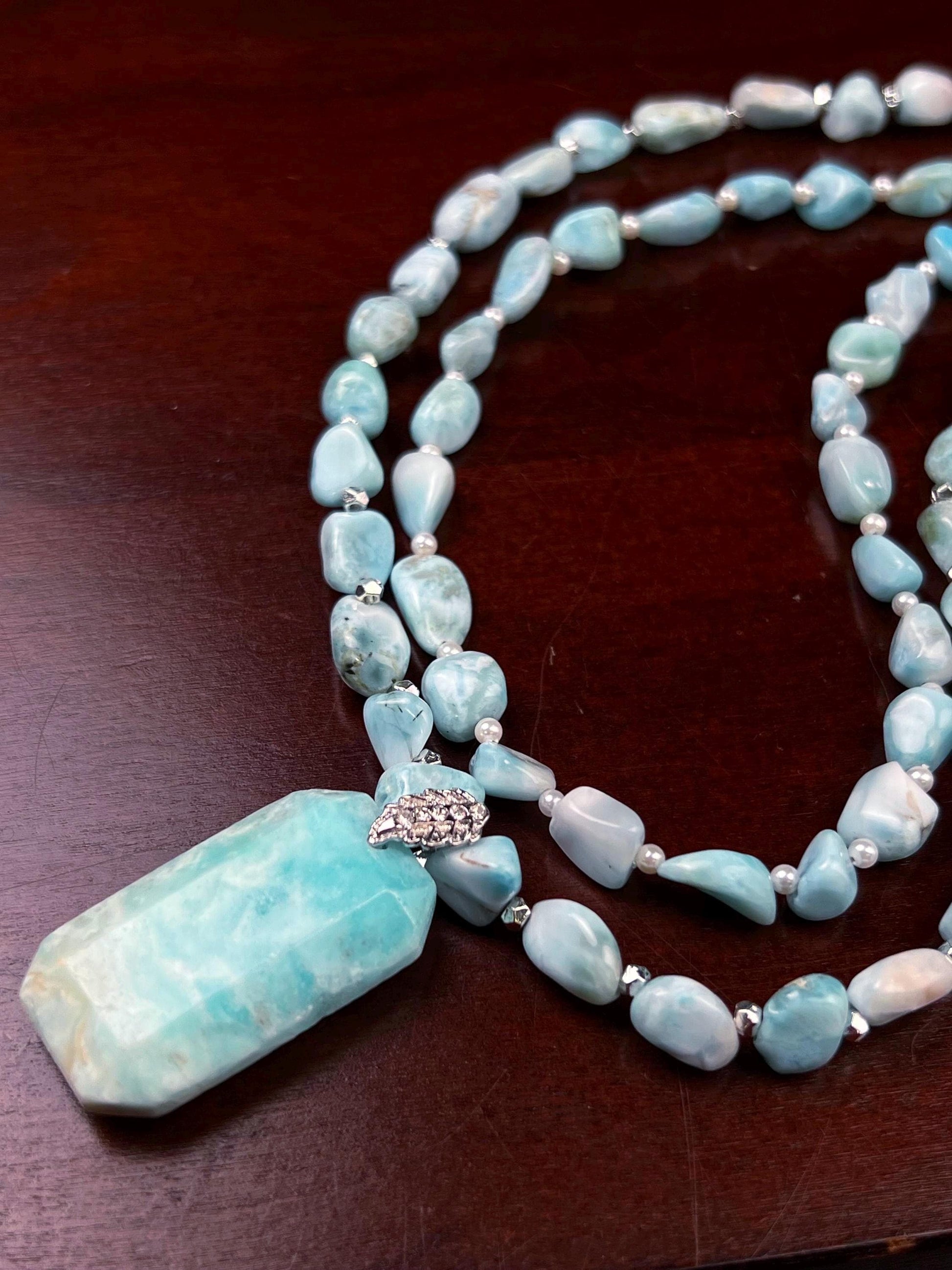 Natural Larimar Double Layered Gemstone, Freshwater Pearl and silver spacer Natural Larimar pendant Necklace