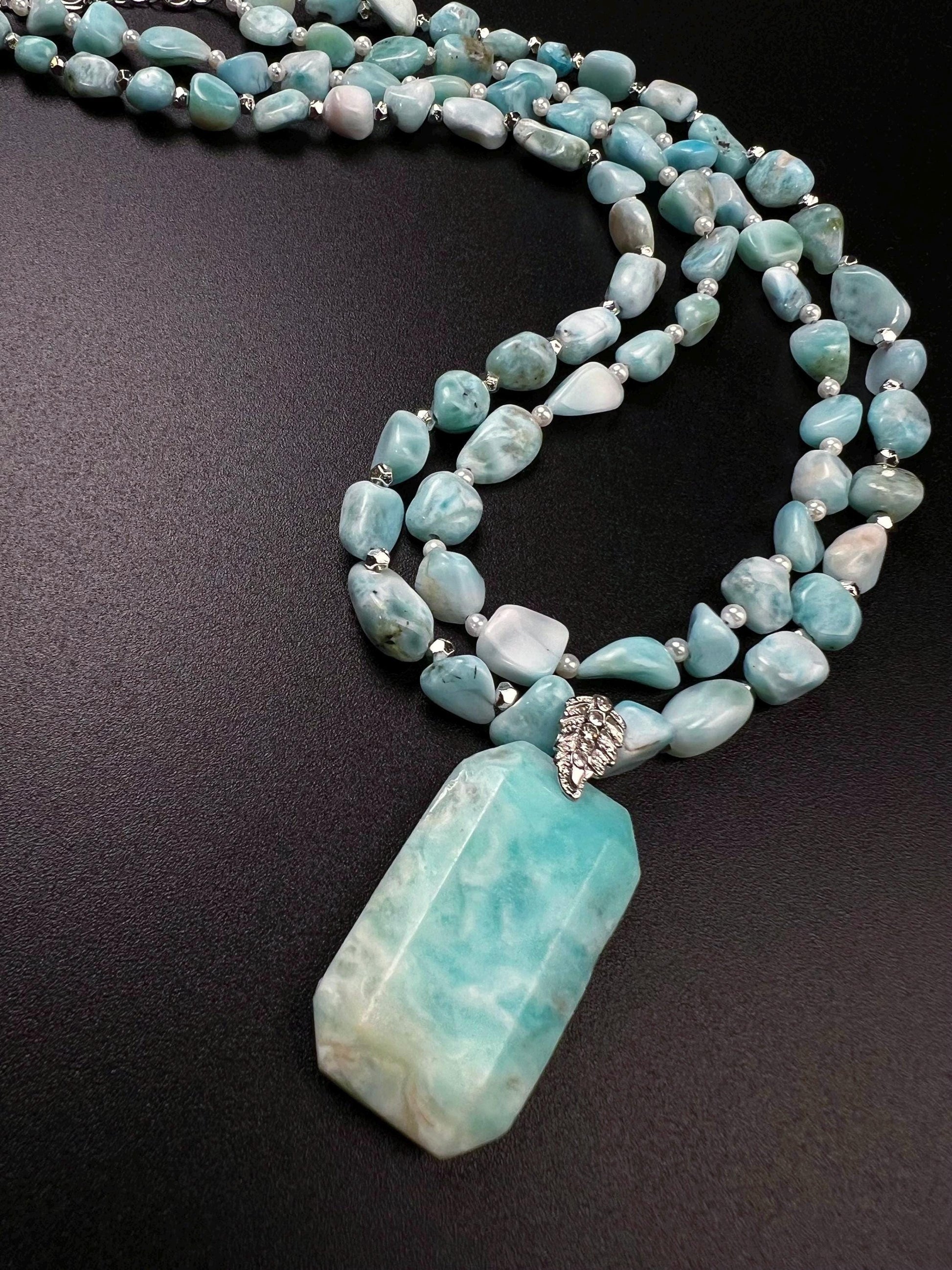 Natural Larimar Double Layered Gemstone, Freshwater Pearl and silver spacer Natural Larimar pendant Necklace