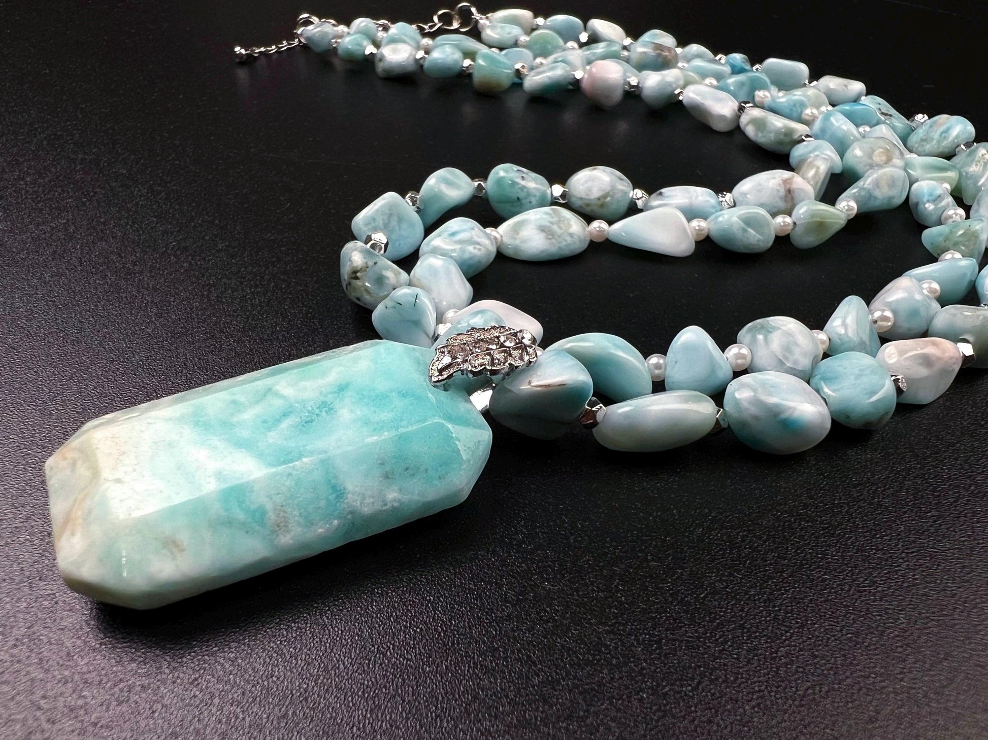 Natural Larimar Double Layered Gemstone, Freshwater Pearl and silver spacer Natural Larimar pendant Necklace