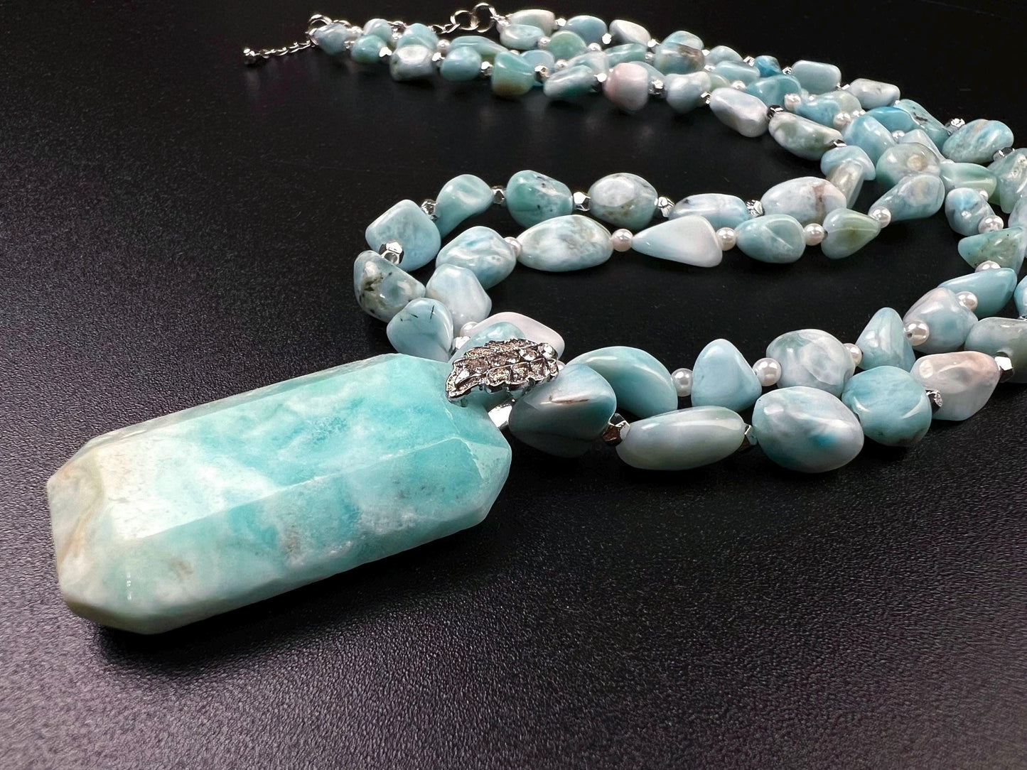 Natural Larimar Double Layered Gemstone, Freshwater Pearl and silver spacer Natural Larimar pendant Necklace
