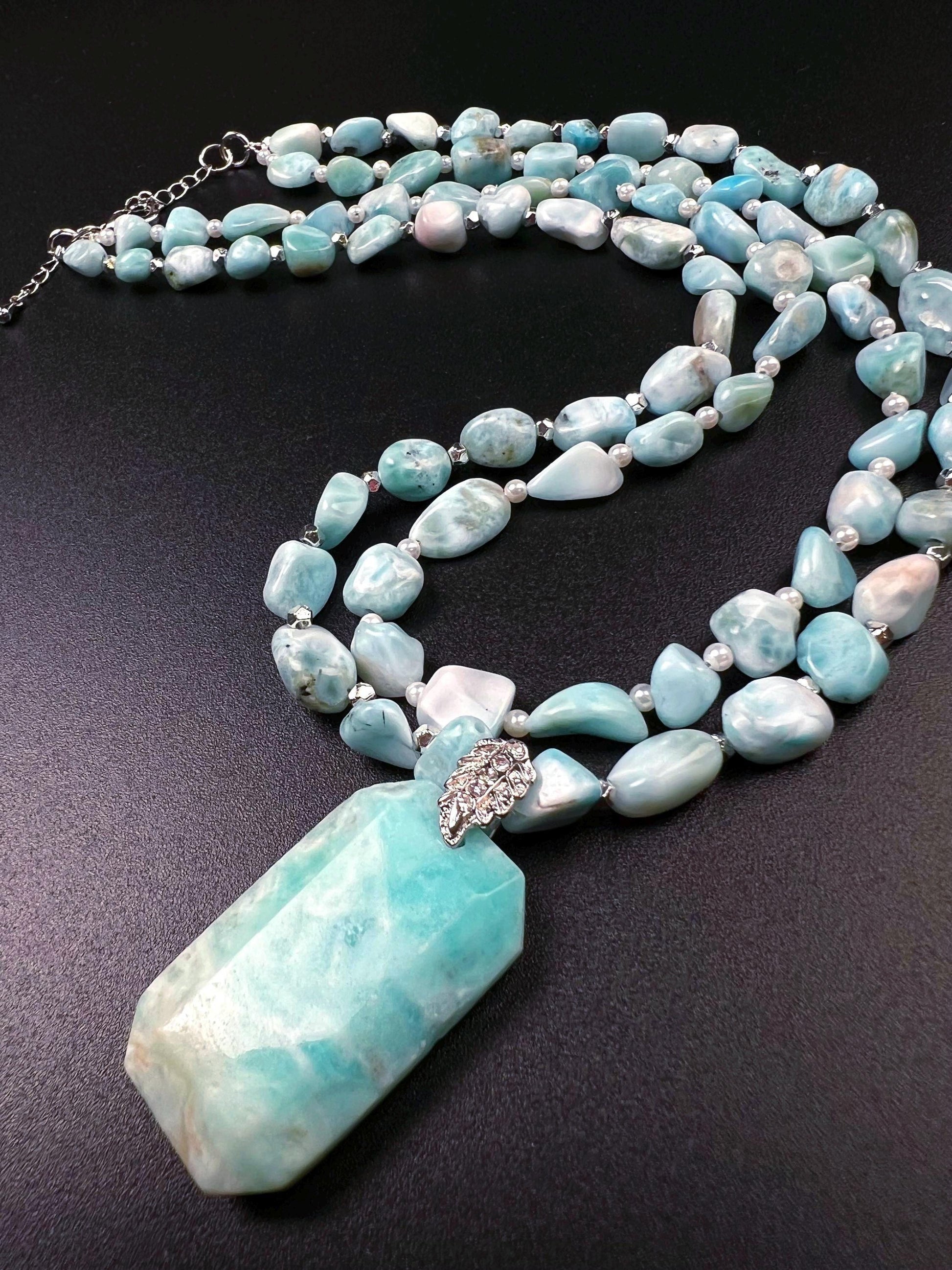 Natural Larimar Double Layered Gemstone, Freshwater Pearl and silver spacer Natural Larimar pendant Necklace