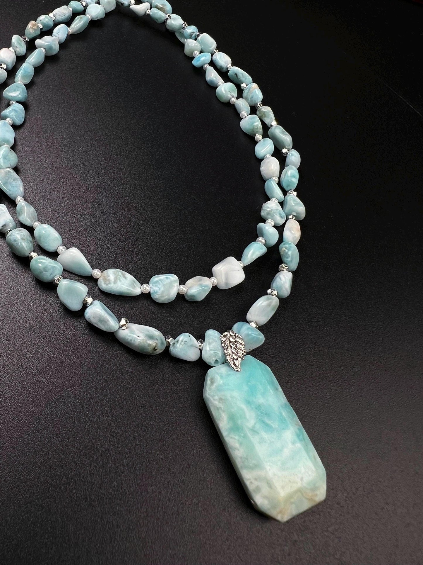 Natural Larimar Double Layered Gemstone, Freshwater Pearl and silver spacer Natural Larimar pendant Necklace