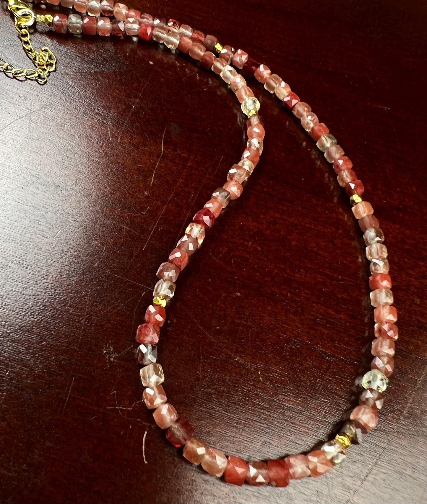 Natural Andesine Ombre peach 4 Faceted Square Cube shape gold vermeil Necklace Energy Chakra Yoga Gift.