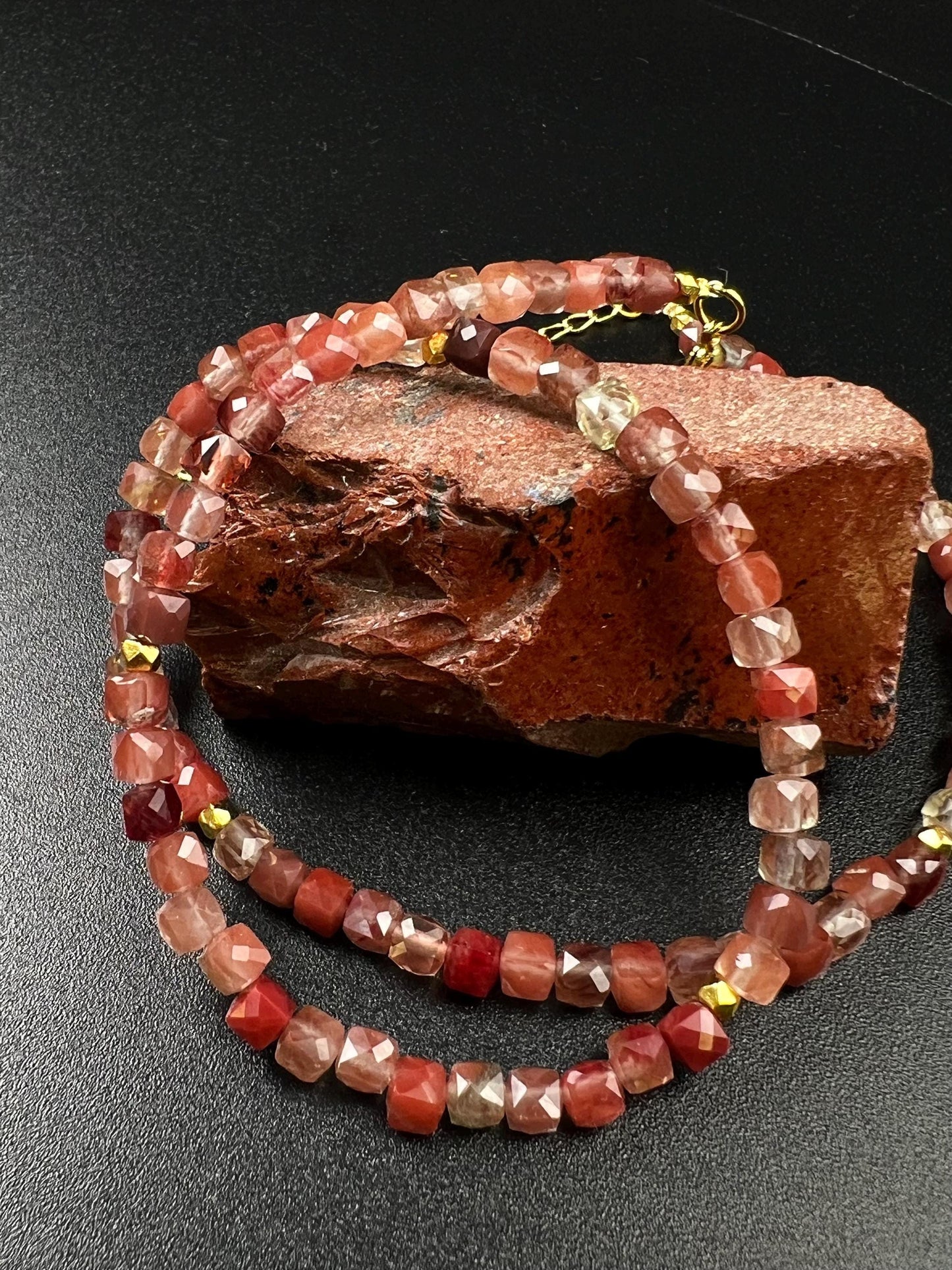 Natural Andesine Ombre peach 4 Faceted Square Cube shape gold vermeil Necklace Energy Chakra Yoga Gift.