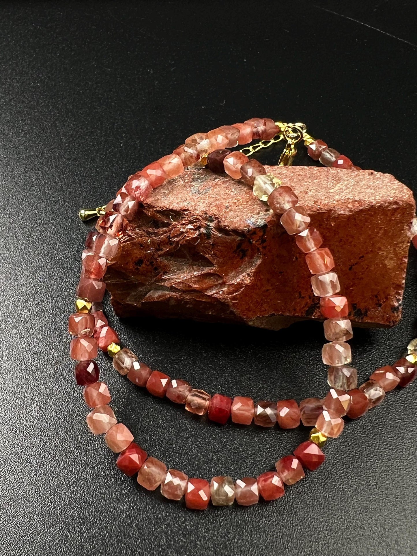 Natural Andesine Ombre peach 4 Faceted Square Cube shape gold vermeil Necklace Energy Chakra Yoga Gift.