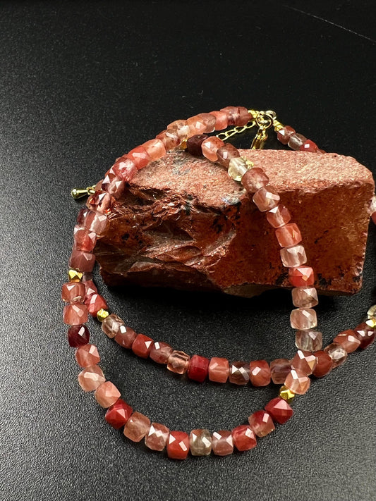 Natural Andesine Ombre peach 4 Faceted Square Cube shape gold vermeil Necklace Energy Chakra Yoga Gift.