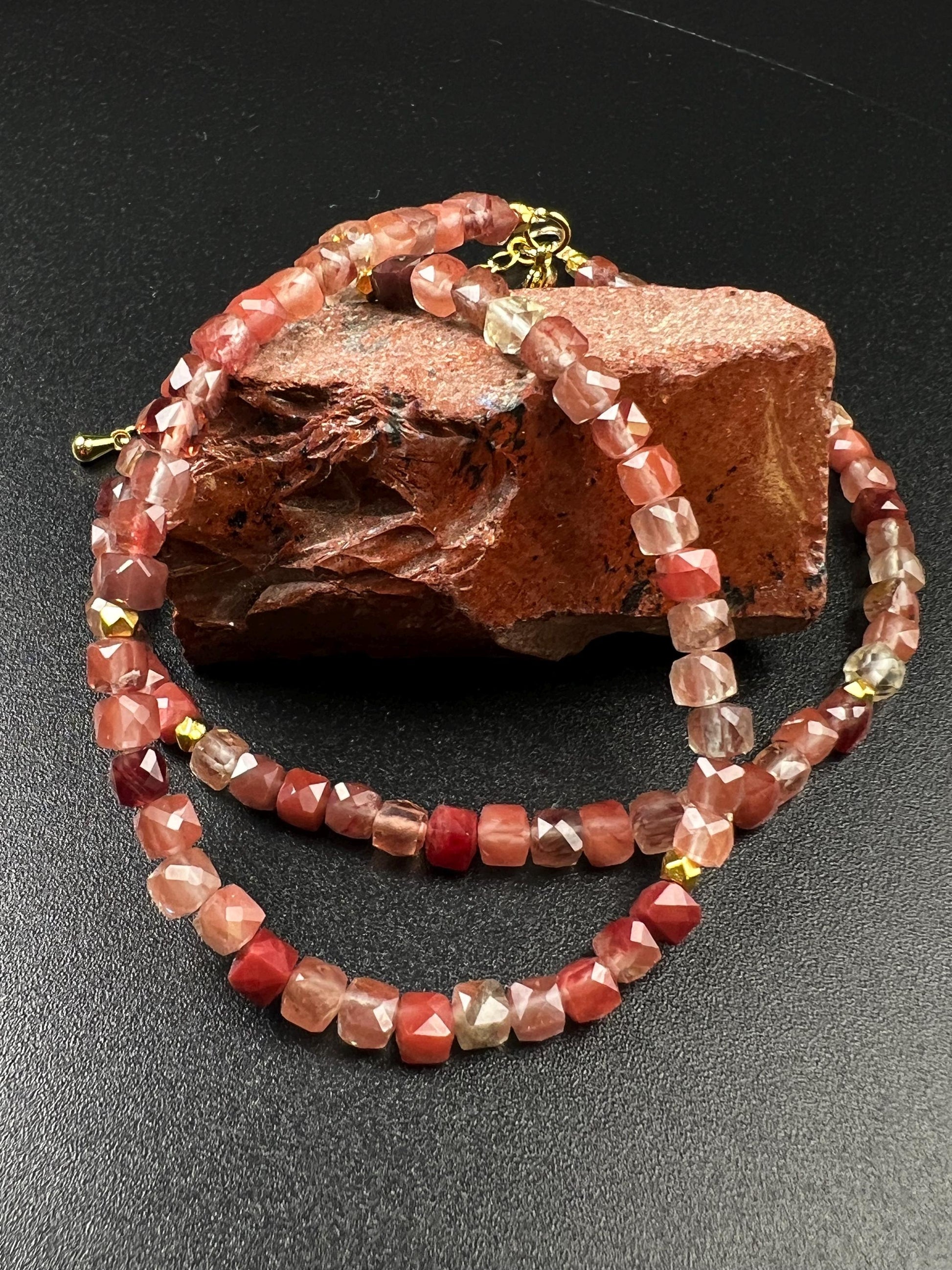 Natural Andesine Ombre peach 4 Faceted Square Cube shape gold vermeil Necklace Energy Chakra Yoga Gift.